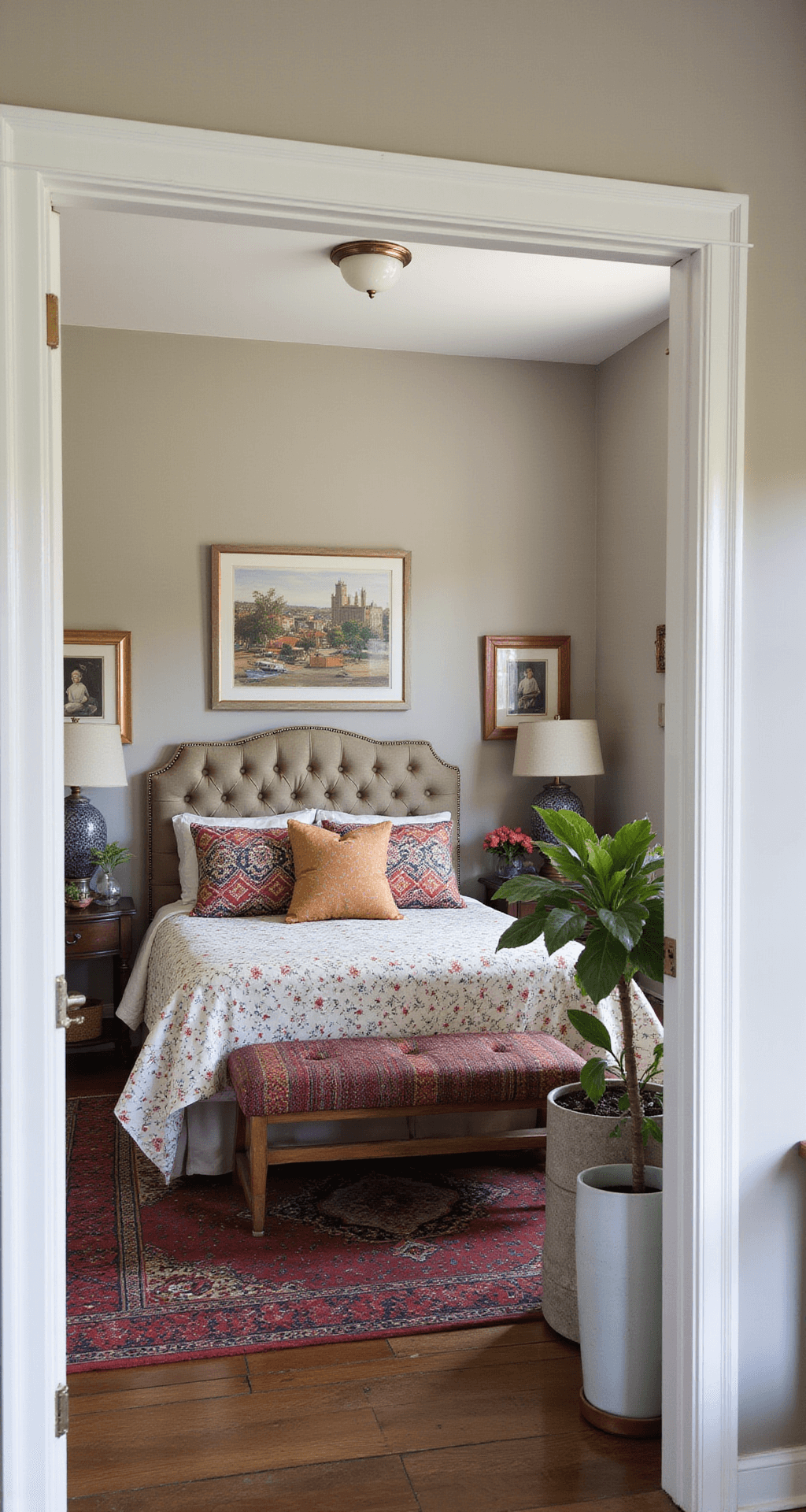 Eclectic bedroom featuring neutral walls, a tufted headboard with mixed pattern bedding, vintage furniture, modern art, global textiles, potted plants, and personal collectibles, shot from the doorway with mixed lighting.