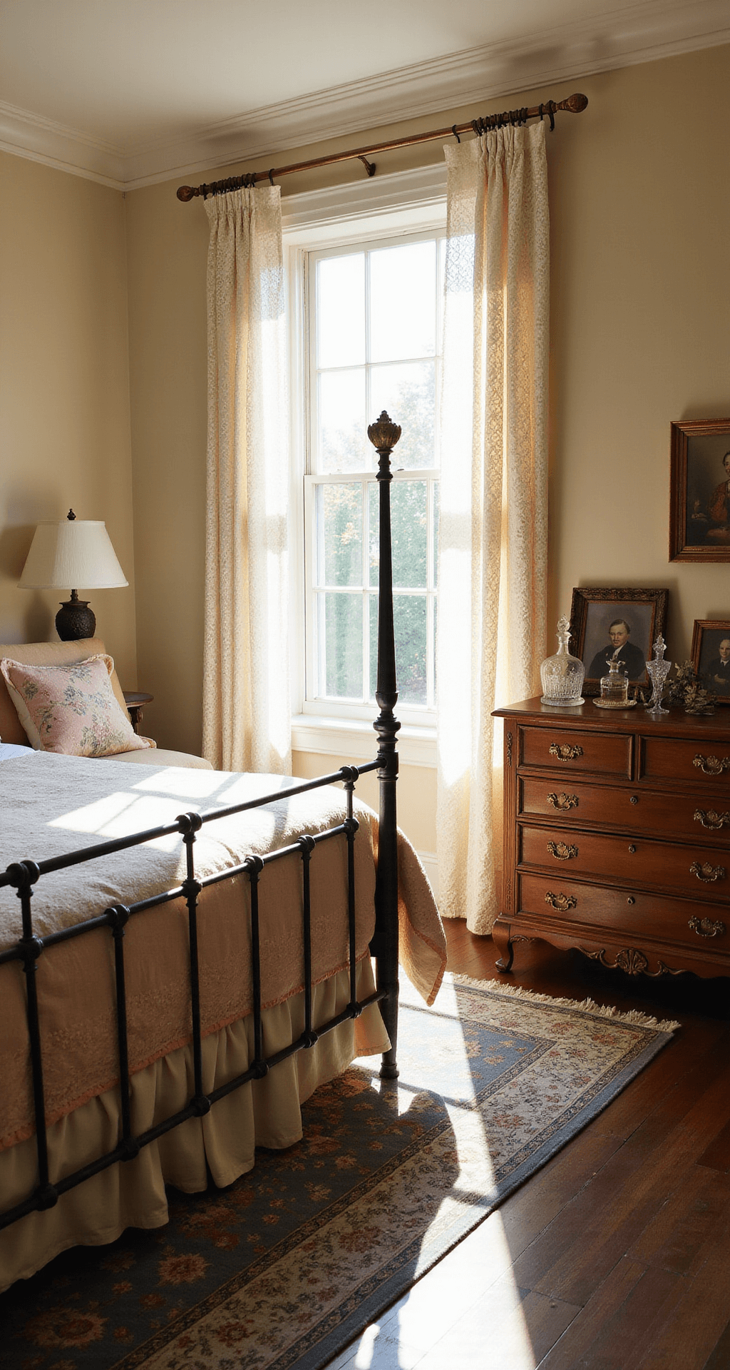 Sunlit vintage bedroom featuring a wrought iron bed, cream linens, dusty rose quilts, and a weathered oak dresser adorned with crystal perfume bottles, all set against a backdrop of ornate crown molding and a Persian rug.