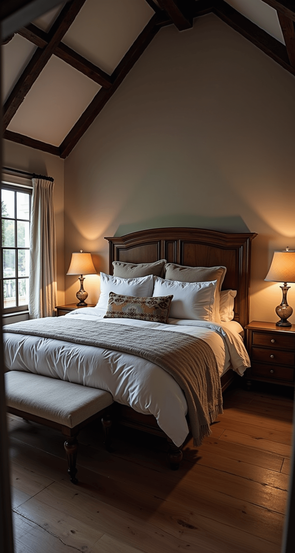Dramatic dusk view of a spacious master bedroom featuring a pitched ceiling with exposed beams, a prominent carved wooden bed dressed in white cotton and taupe linen, Victorian nightstands with mercury glass lamps, and warm ambient lighting, captured from the doorway.