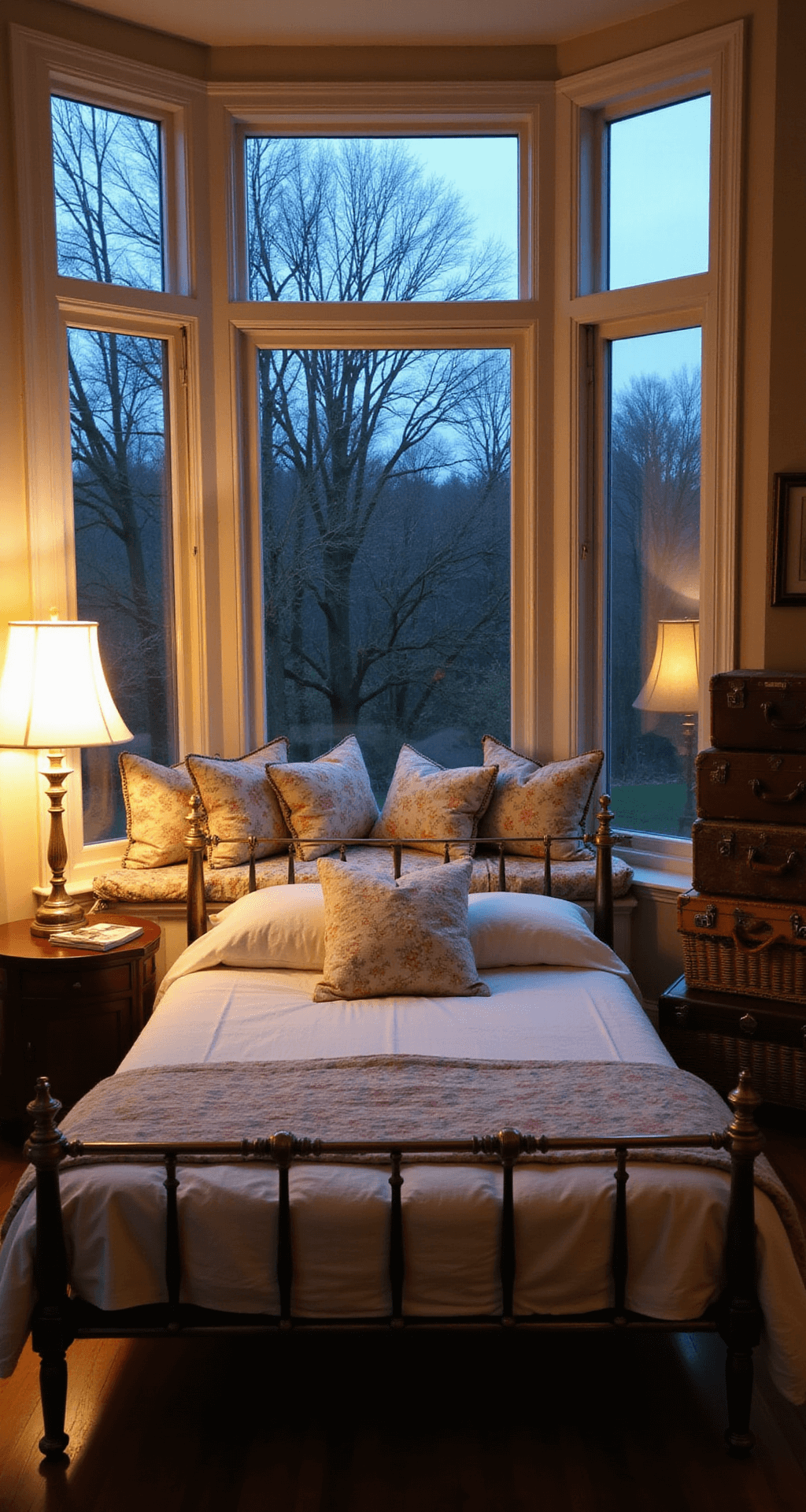 Twilight scene of a cozy 15x15ft bedroom featuring a large bay window, an antique brass bed with white linens and pastel vintage quilts, a cushioned window seat, and warm lamp light, all arranged symmetrically.