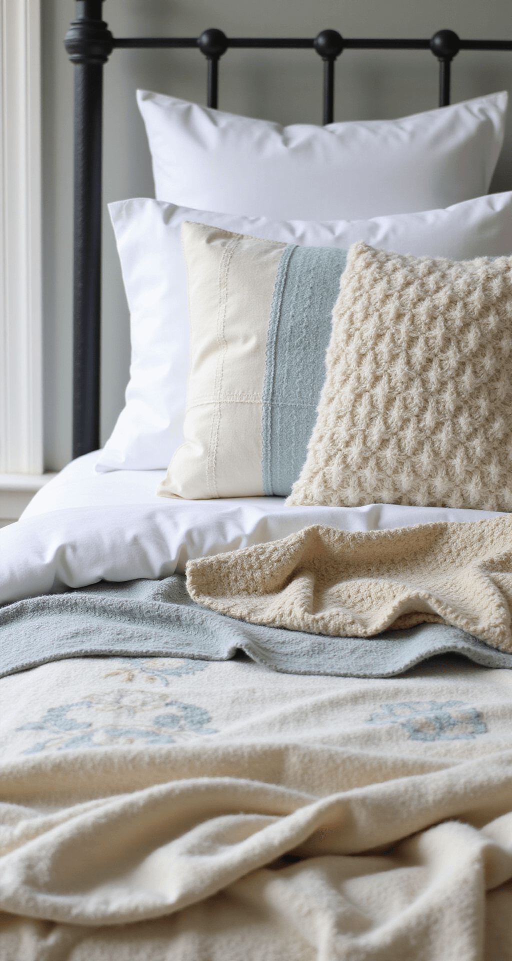 Detail shot of a vintage bedroom showcasing layered textiles: crisp white cotton sheets, a hand-stitched quilt in cream and dusty blue, a soft beige chunky knit throw, and embroidered pillowcases, illuminated by natural morning light from the left, with an iron bed frame in the background.