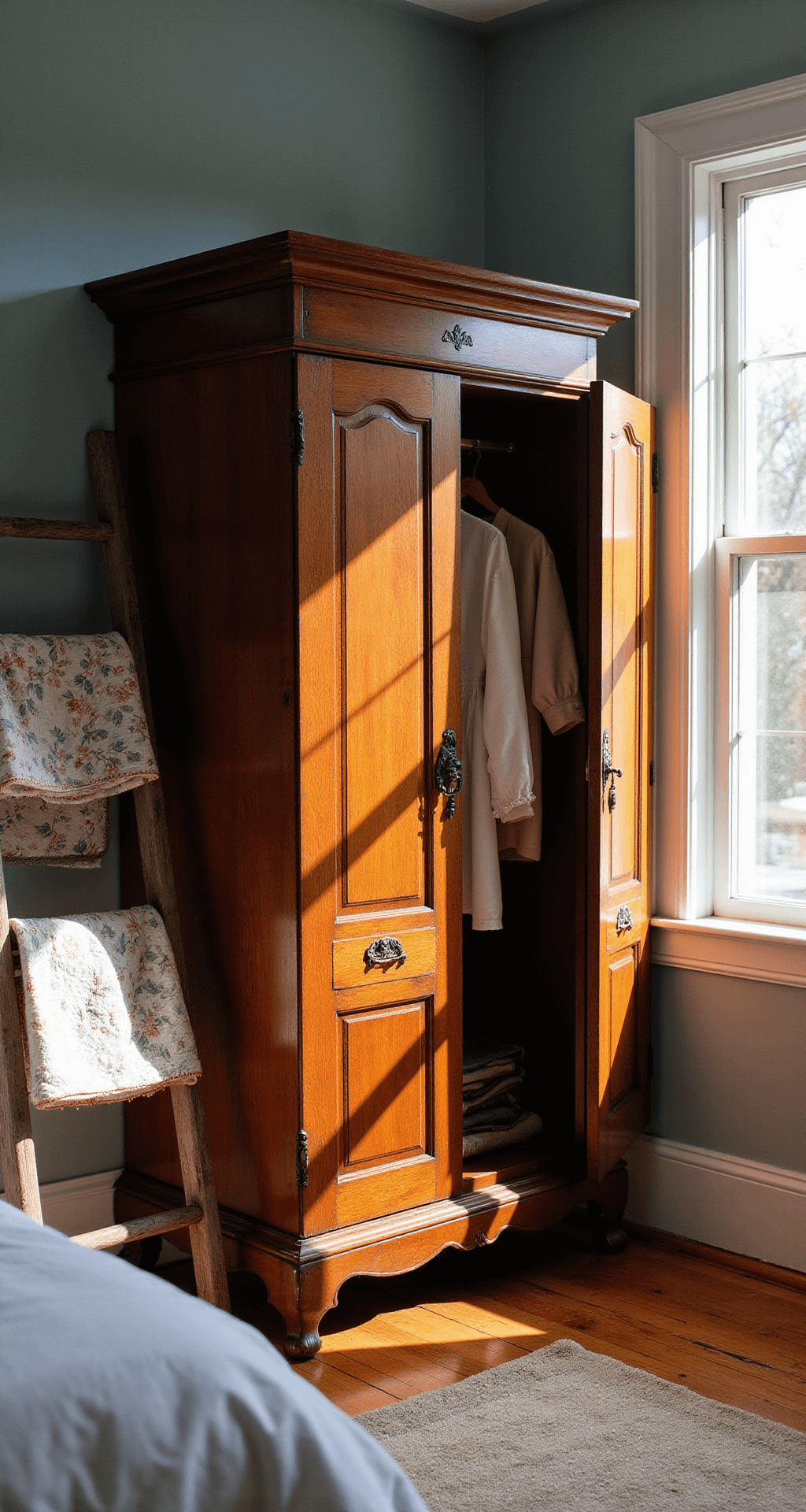 Early morning light highlights a corner of a 13x14ft bedroom with a tall, ornate mahogany Victorian armoire and a weathered wooden ladder displaying handmade quilts, contrasting warm wood tones against pale blue walls and white trim, with dramatic shadows emphasizing the armoire's grandeur.