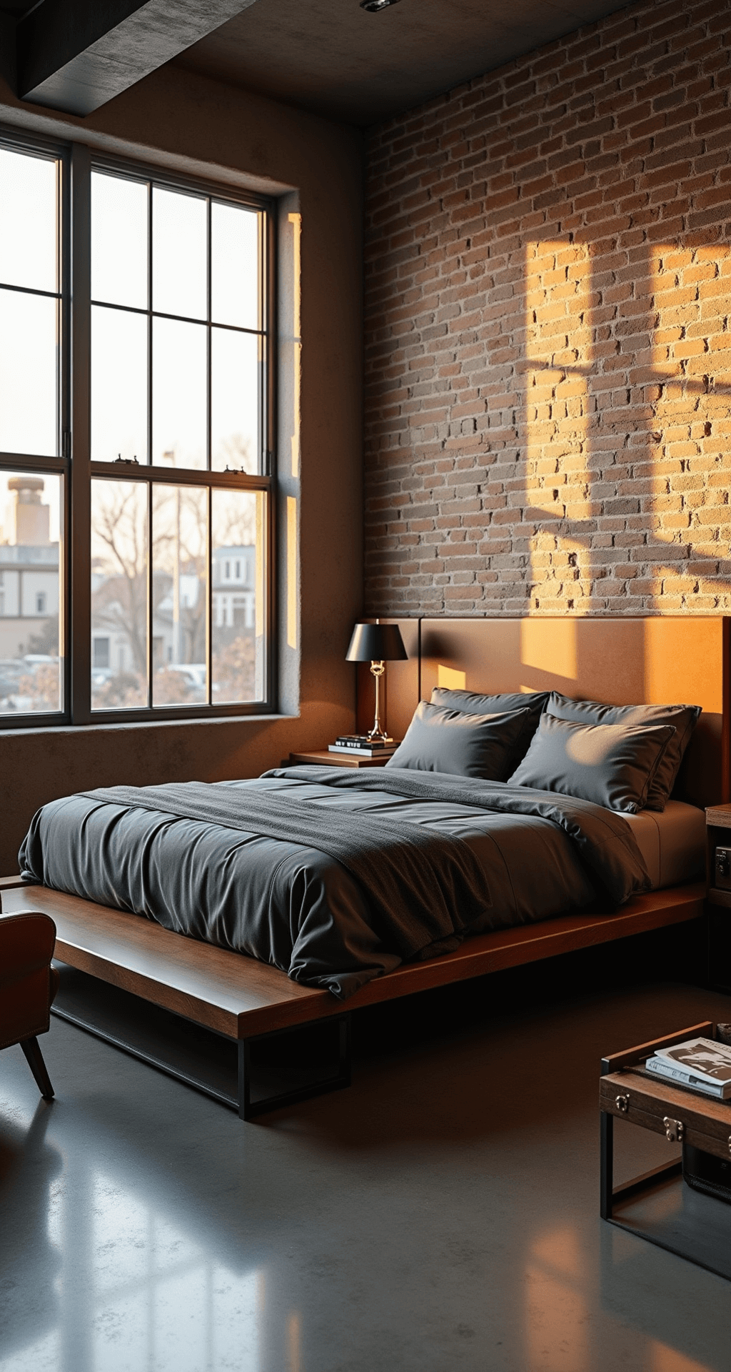 A low-angle shot of a masculine industrial-style bedroom featuring a platform bed with charcoal grey linens and a weathered leather headboard, illuminated by golden hour sunlight streaming through floor-to-ceiling windows, casting dramatic shadows on polished concrete floors. Minimal black metal nightstands topped with geometric brass lamps flank the bed, with a distressed leather armchair, vintage trunk, and black-and-white photography accentuating the space in a color palette of charcoal, rust, black, and warm browns.