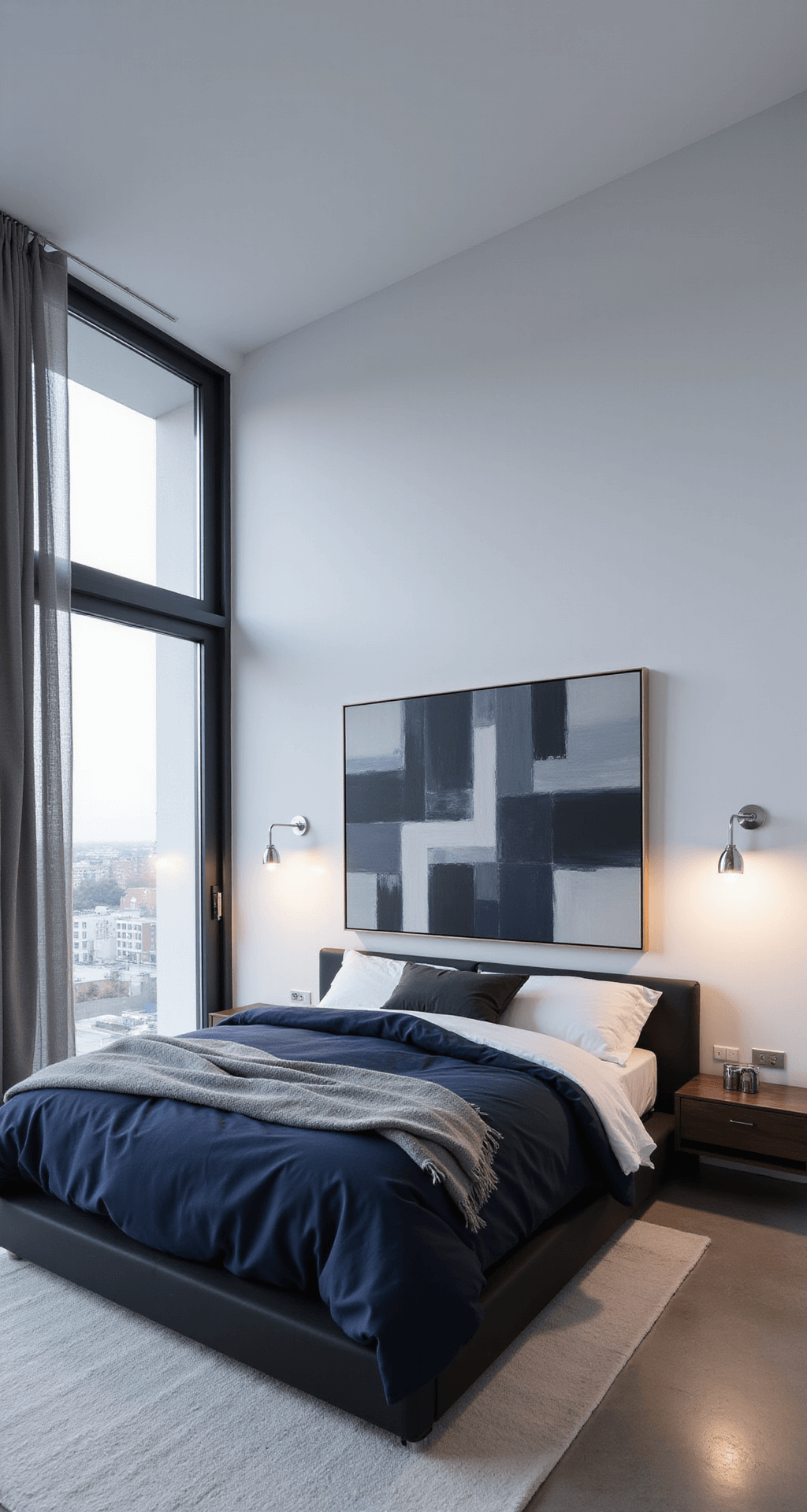 Modern minimalist bedroom featuring a matte black platform bed with navy blue bedding and white sheets, illuminated by blue hour light filtering through sheer grey curtains. A large abstract canvas in black, white, and navy adorns the wall, while dark wood floating nightstands complement the bed. The design emphasizes negative space with a grey wool throw and a single chrome floor lamp.