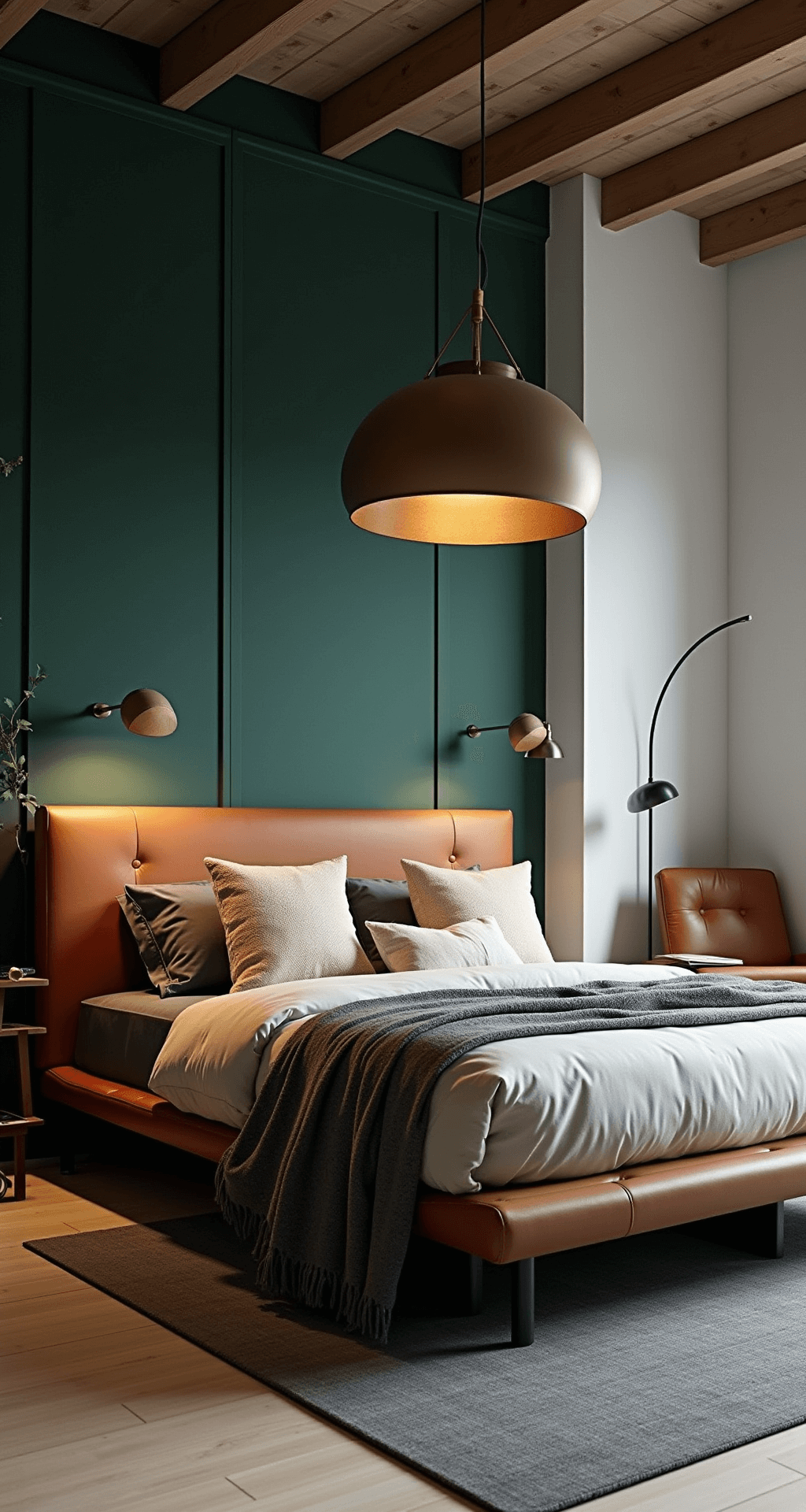 Urban loft bedroom with a deep forest green accent wall, cognac leather bed frame, and textured layers of wool and linen. Features an industrial pendant light, wall-mounted sconces, a slate grey area rug, and a corner reading nook with modern leather chair, highlighting the space's depth with exposed ceiling beams.