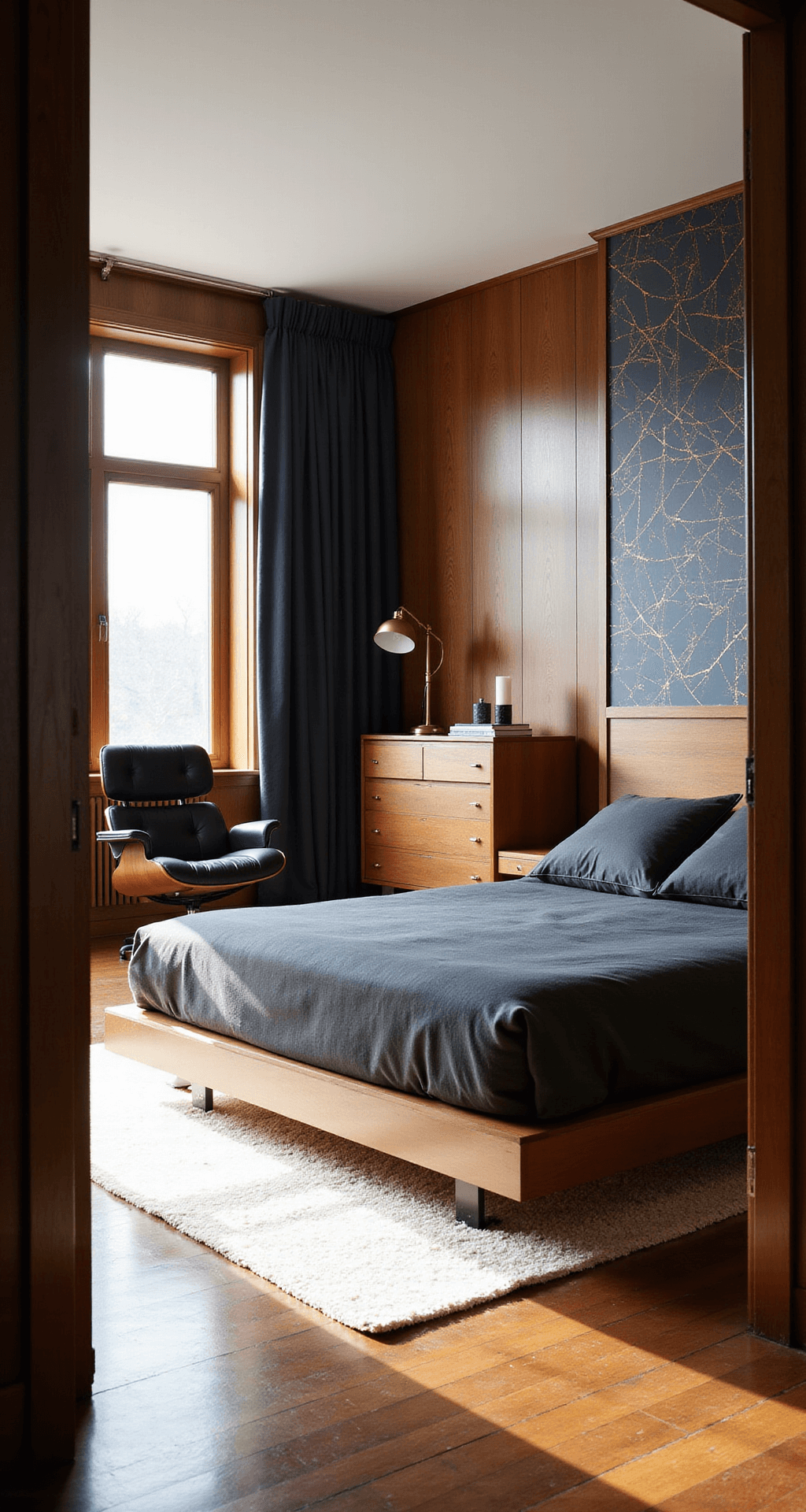 A stylish mid-century modern masculine bedroom featuring walnut paneling, floor-to-ceiling windows, a low-profile charcoal linen platform bed, a teak credenza, a vintage Eames lounge chair, and geometric navy and gold wallpaper, captured in warm afternoon light.