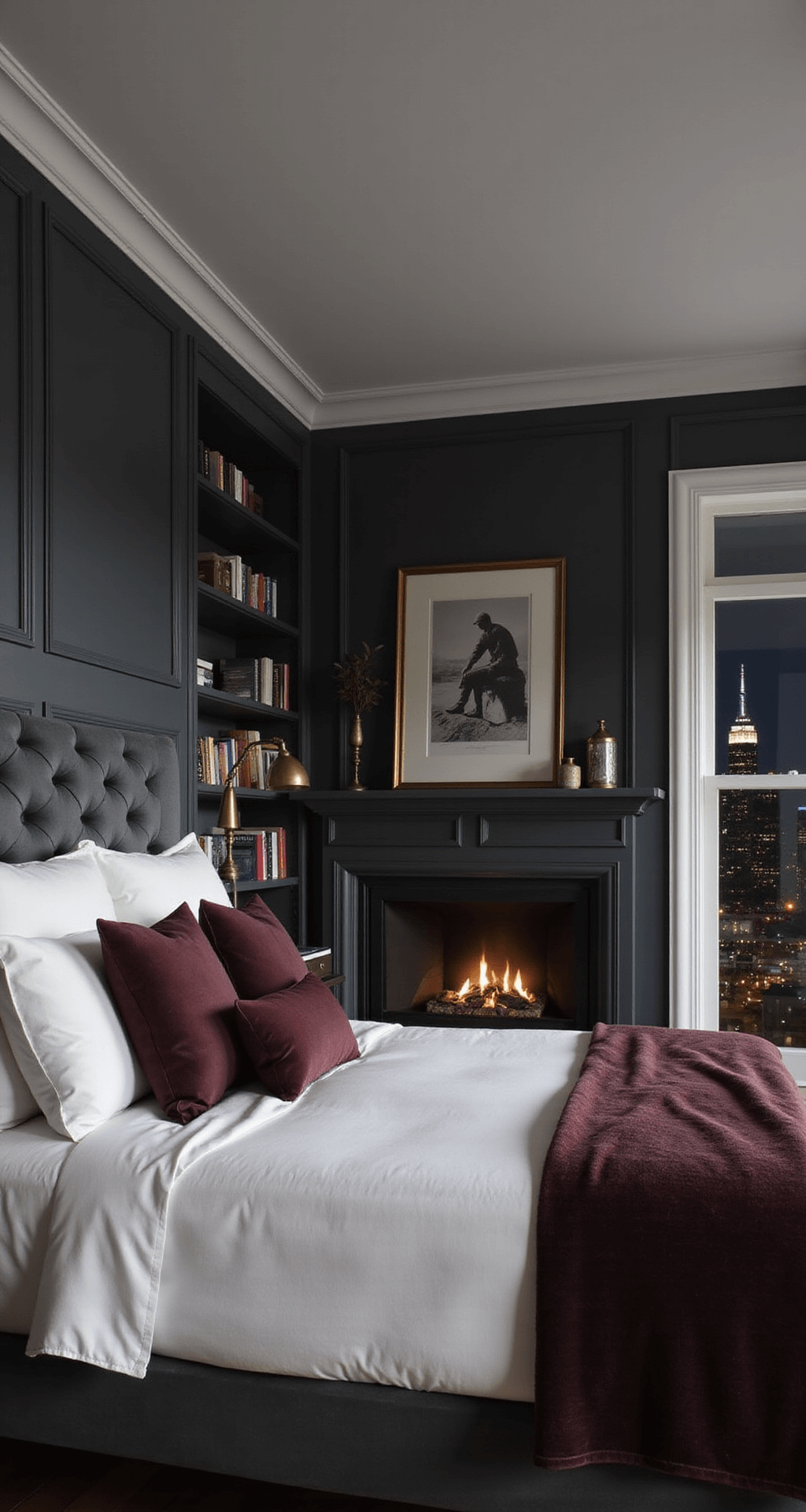 Contemporary gentleman's bedroom at twilight featuring dark grey walls, a king-sized bed with slate velvet headboard and white linens, built-in bookshelves, modern fireplace, brass lighting, and city lights visible through the windows, creating an intimate atmosphere.