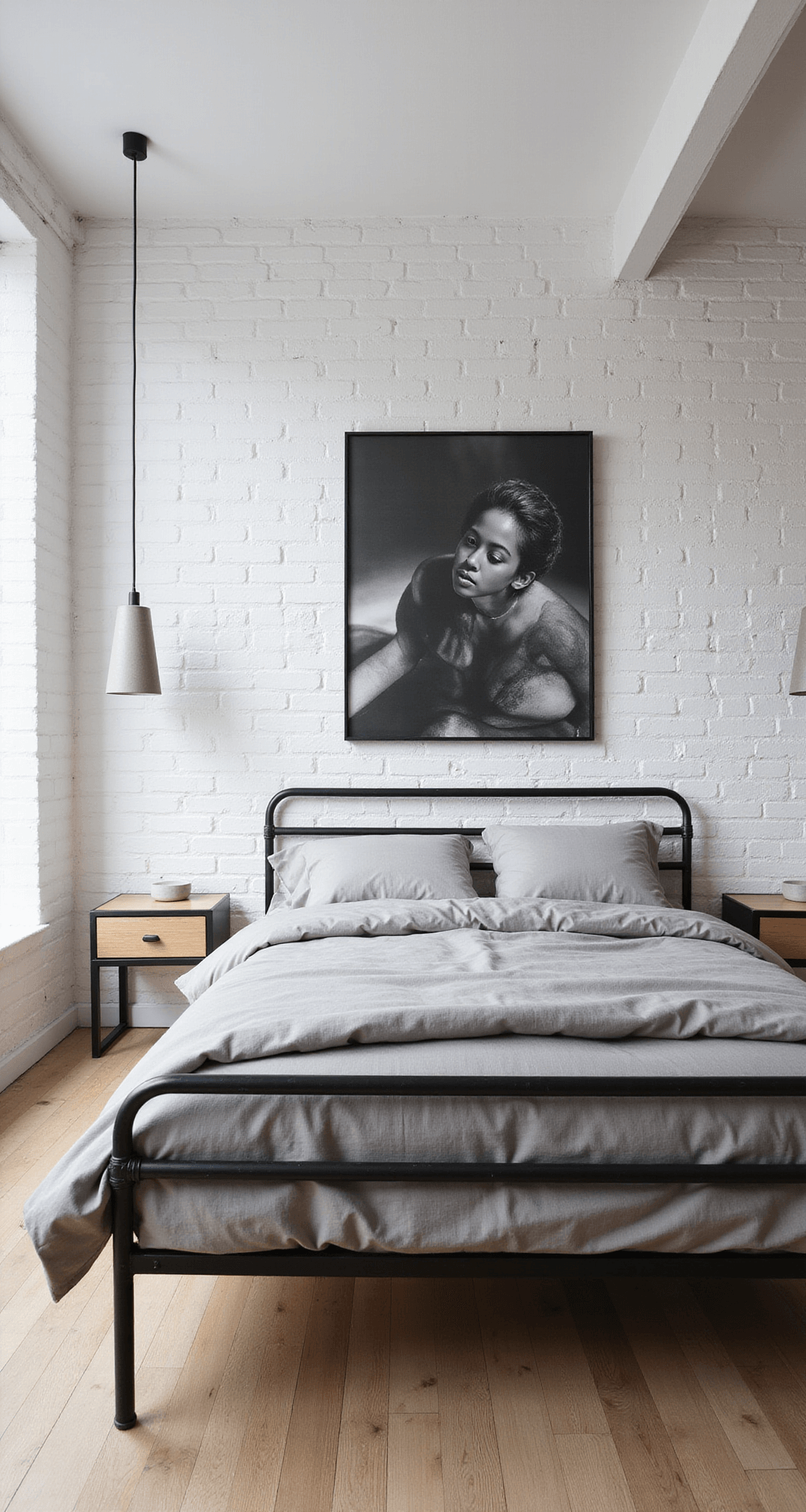 Scandinavian-industrial bedroom with white-painted brick walls, light oak flooring, a black steel-framed bed, oversized black and white photography, and concrete pendant lights, captured in morning light.