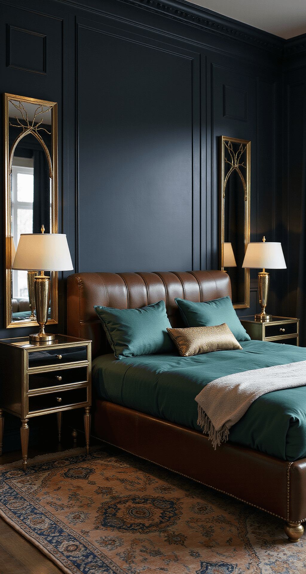 A luxurious Art Deco-inspired bedroom featuring dark navy walls with geometric gold trim, a queen bed with a channeled leather headboard in deep brown, and emerald green and gold decor. Brass nightstands with smoked glass tops are flanked by art deco table lamps. A vintage Persian rug in navy and gold anchors the space, while a full-length gilt mirror reflects the room, enhanced by dramatic uplighting that highlights the architectural details.