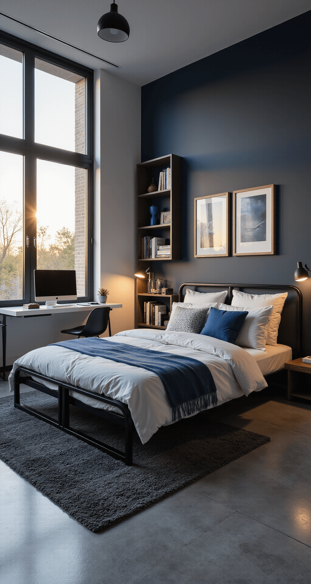 A modern teen bedroom featuring a low black metal platform bed against a dark navy wall, illuminated by golden hour sunlight through floor-to-ceiling windows. A minimalist white desk with a sleek gaming setup and LED backlighting complements geometric shelving that displays monochromatic books. An industrial pendant light casts dramatic shadows over concrete-look vinyl flooring, enhanced by a plush charcoal area rug and electric blue accents in artwork and accessories.