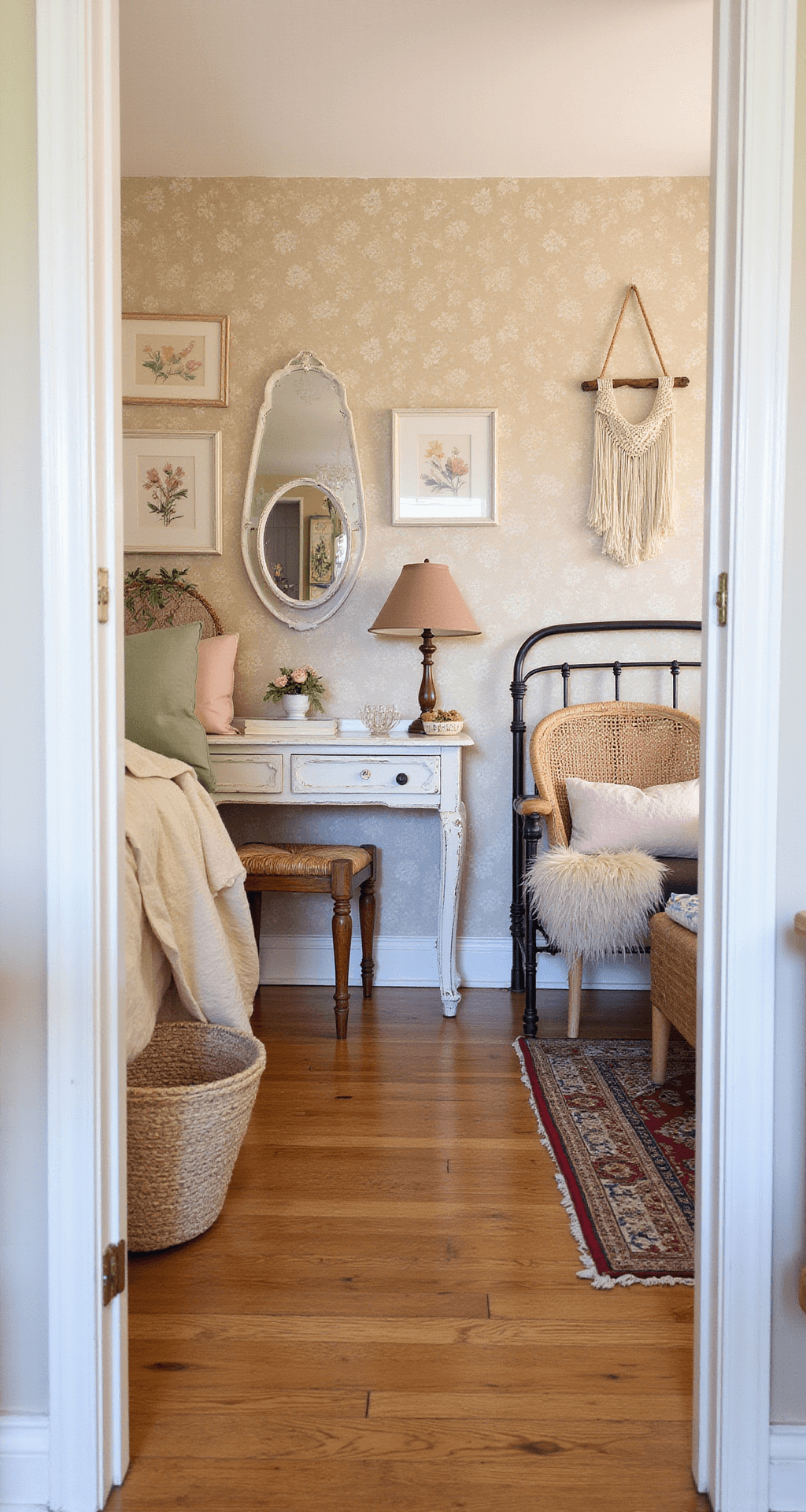 A cozy cottagecore bedroom featuring a vintage iron bed with layered linens in cream, sage, and dusty rose, a weathered white vanity with pressed flower art, and a reading nook with a rattan chair, all illuminated by soft morning light.
