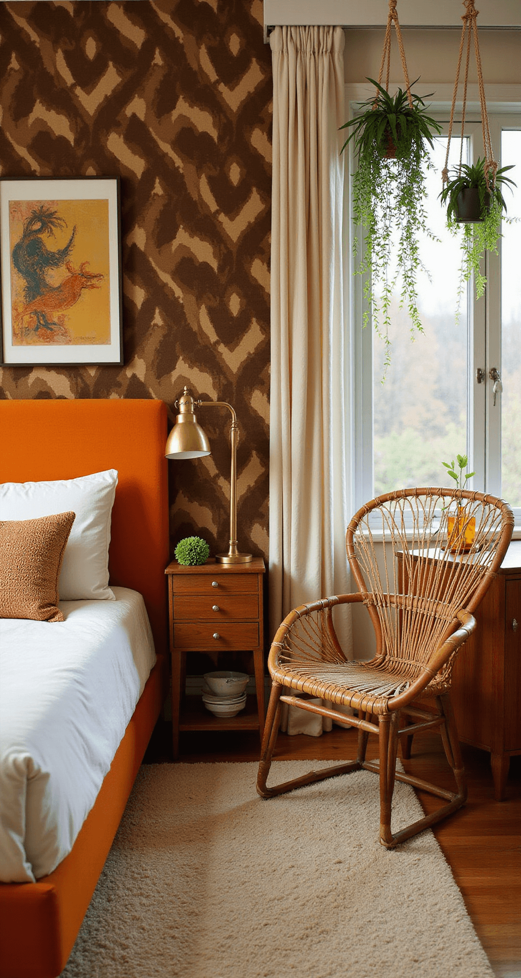 A cozy corner bedroom featuring a statement orange velvet headboard against geometric 70s wallpaper. A rattan peacock chair and brass floor lamp enhance the space, complemented by a warm ivory shag carpet. Cascading spider plants hang from macramé hangers, while layered textile art and a vintage record player setup are visible from an elevated angle. The room includes clean-lined teak furniture and amber glass accessories that catch the warm afternoon light.