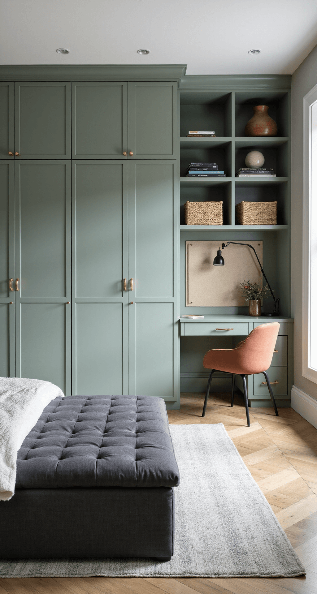 Brightly lit 13x16ft bedroom featuring a custom sage green wardrobe wall with brass hardware, a charcoal linen ottoman bed with storage, a built-in desk nook with floating shelves and a pinboard wall, neutral herringbone wood floors, and contemporary area rug.