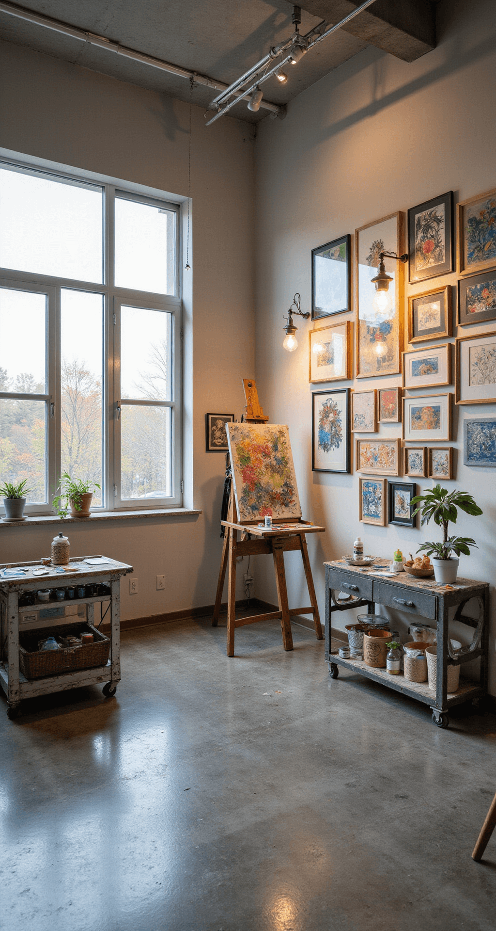Creative studio bedroom with a 14x15ft layout, featuring an art station with an easel, a floating desk by large windows, and a gallery wall of mixed media artwork. An industrial storage cart is visible, polished concrete floors show paint splatter protection, and adjustable track lighting enhances the space, decorated in creative neutrals with bold accent pieces.