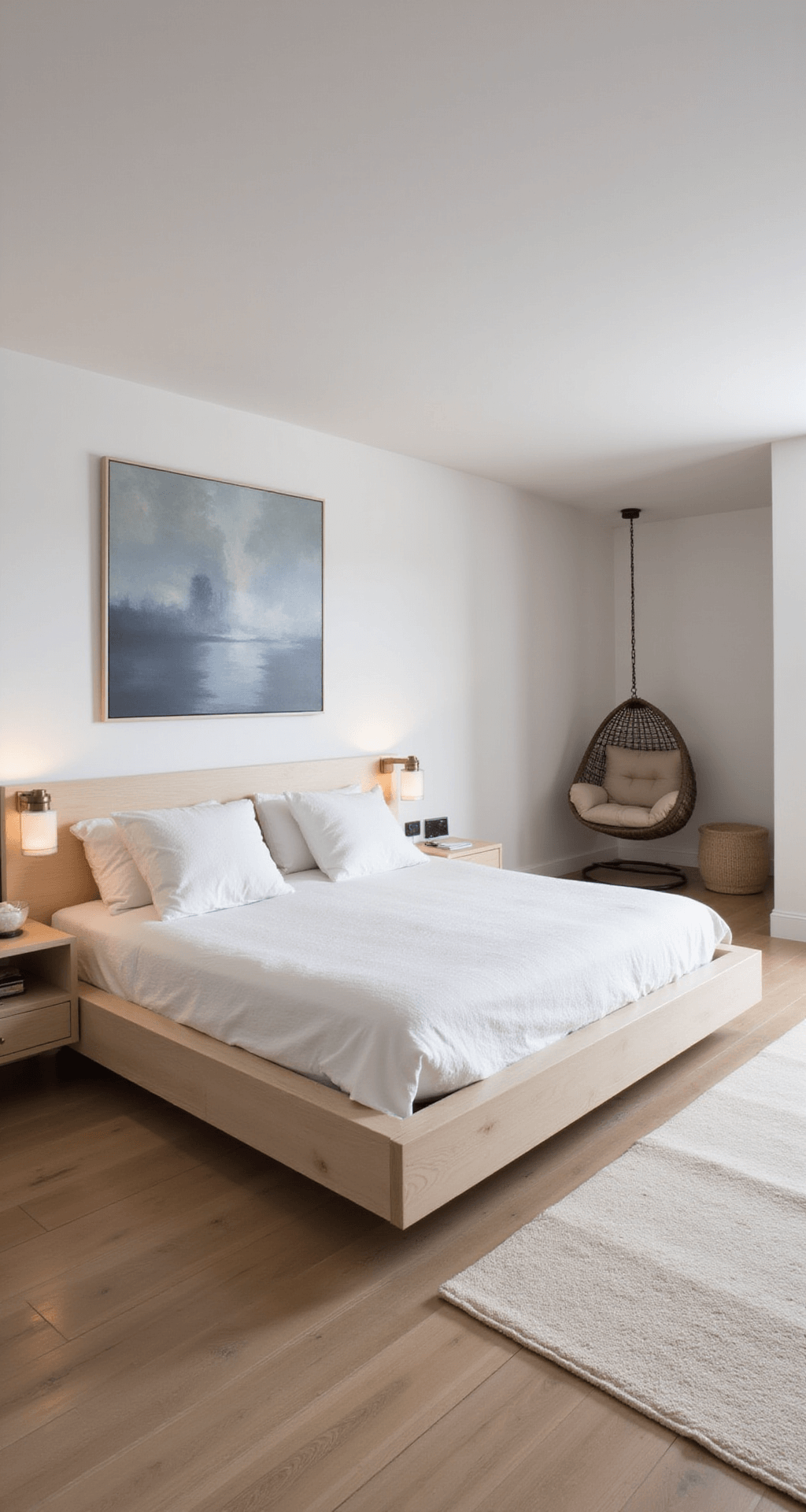 A serene 12x14ft bedroom featuring a platform bed with integrated nightstands in bleached oak, a meditation corner with floor cushions and a hanging egg chair, minimal white walls adorned with an oversized abstract canvas in cool tones, and wide-plank light oak flooring topped with a cream wool rug, all softly lit with dimmable sconces and a salt lamp.
