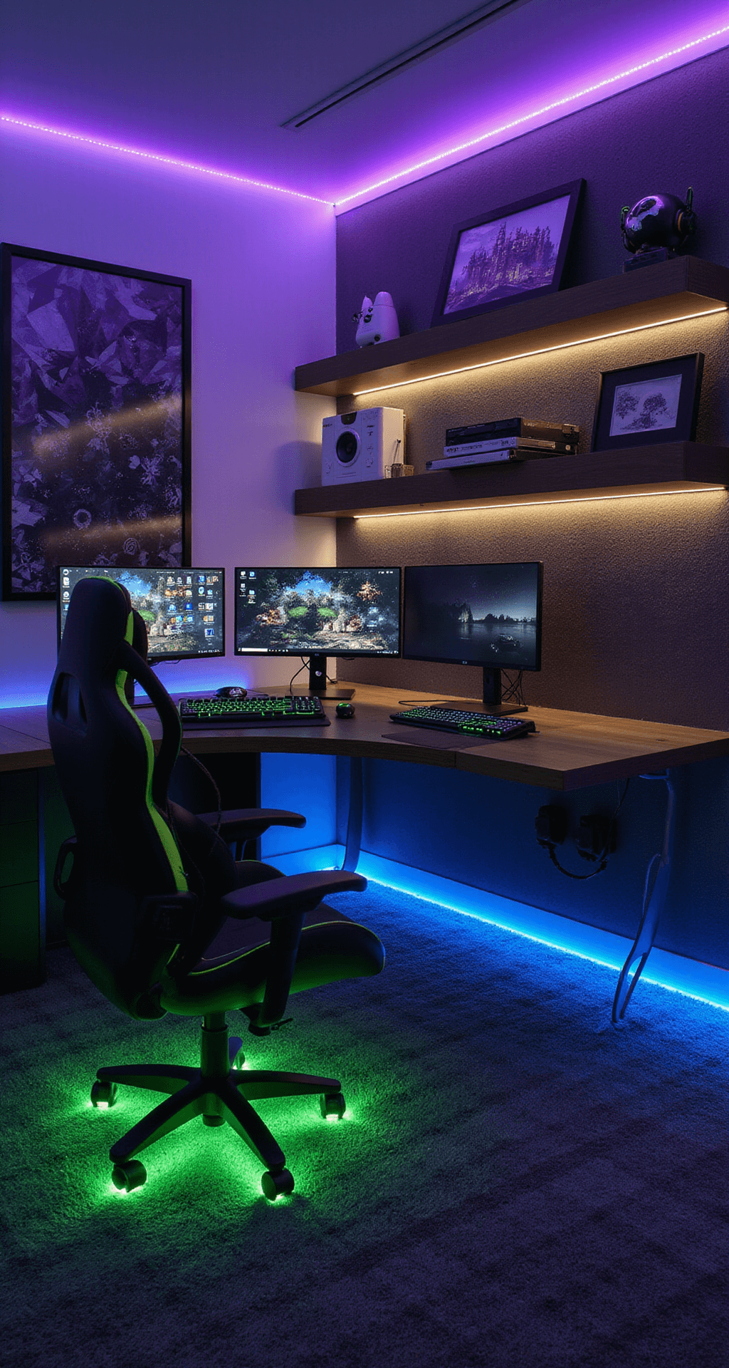 A modern gaming bedroom featuring a programmable LED lighting system, an ultra-wide curved gaming desk with dual monitors, an ergonomic black and electric green gaming chair, and floating shelves with collectibles. The room has a charcoal carpet with geometric patterns, sound-absorbing panels, and a sleek high-tech aesthetic, captured from a gamer's perspective.