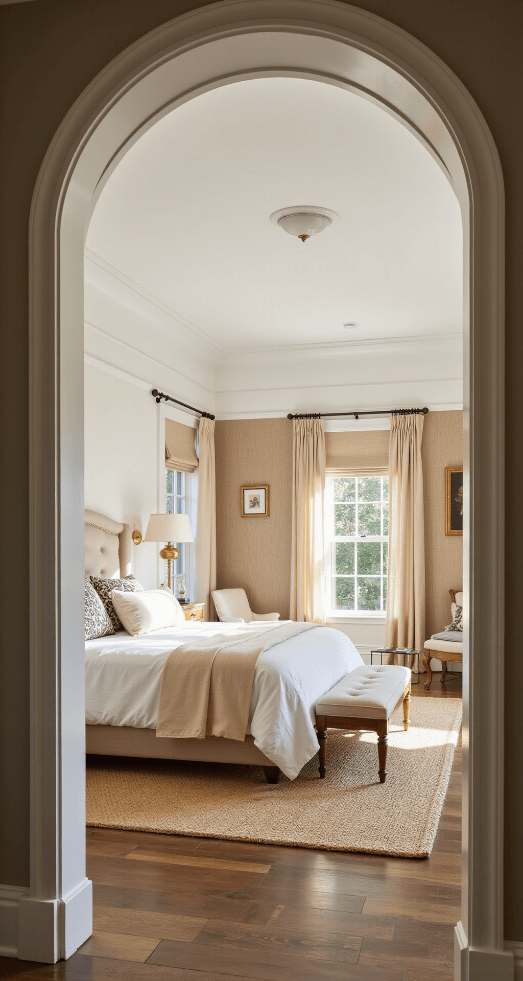 Interior photo of a serene primary bedroom featuring warm white walls, a king-sized bed with layered linens, and a textured grasscloth wallpaper accent wall, illuminated by golden hour light from floor-to-ceiling windows.