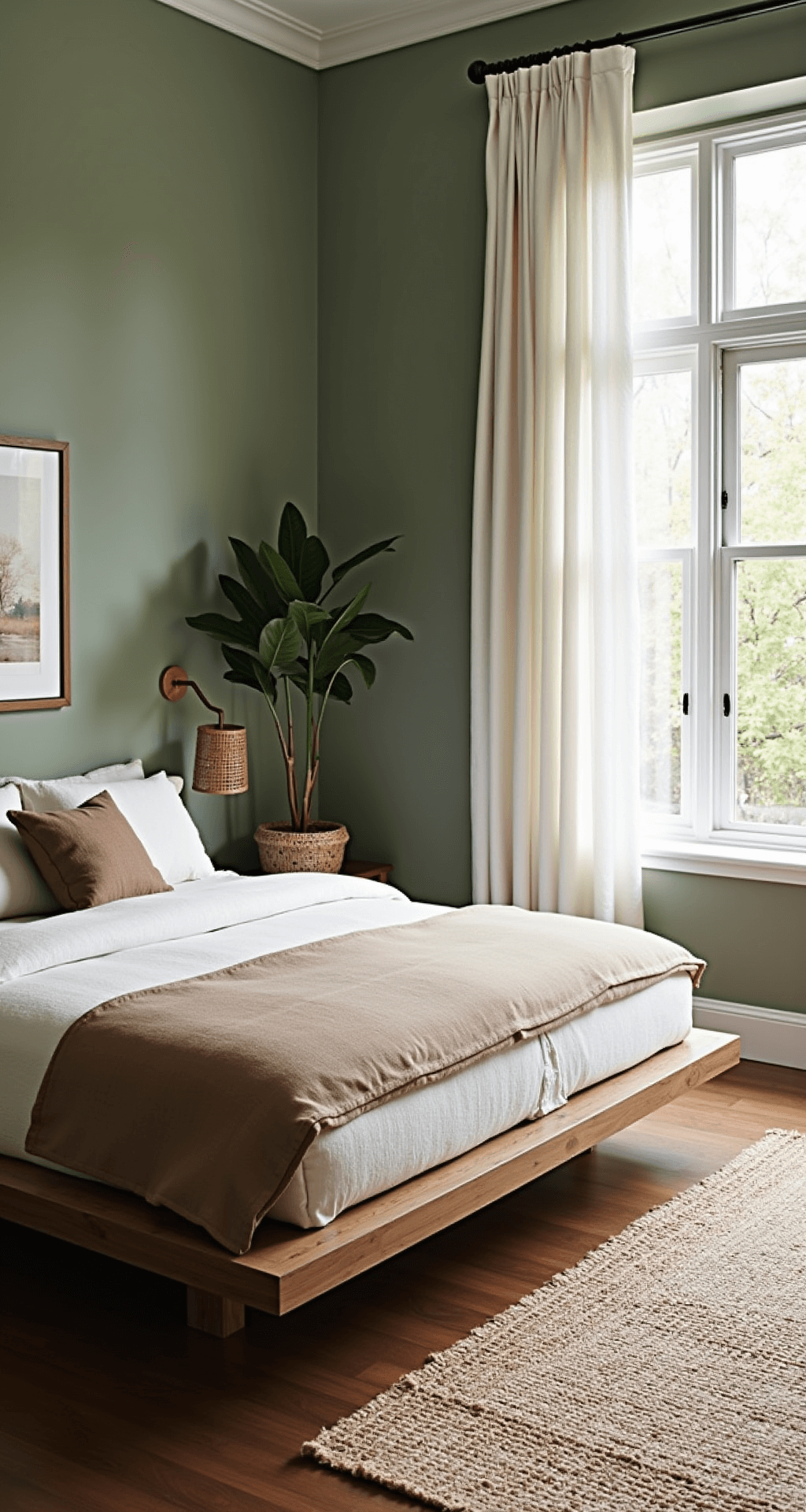 Modern bedroom featuring sage green walls, walnut flooring, oversized windows with white linen drapes, a natural oak platform bed with earth-toned bedding, a potted fiddle leaf fig, a woven bamboo pendant light, and a handwoven wool rug, captured from a corner angle to highlight architectural details.