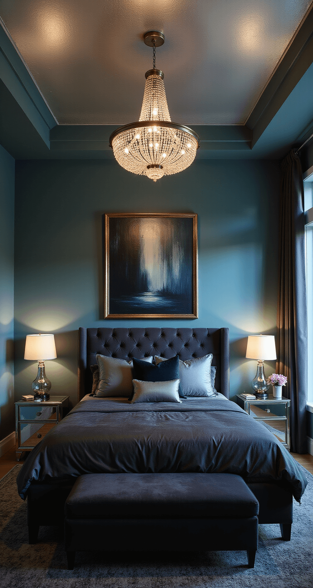 A luxurious master suite at dusk featuring deep teal walls, a metallic silver tray ceiling, and moody ambient lighting from a crystal chandelier. The room includes a charcoal velvet king bed with silk bedding, mirrored nightstands, and abstract art, all set against plush charcoal carpet.