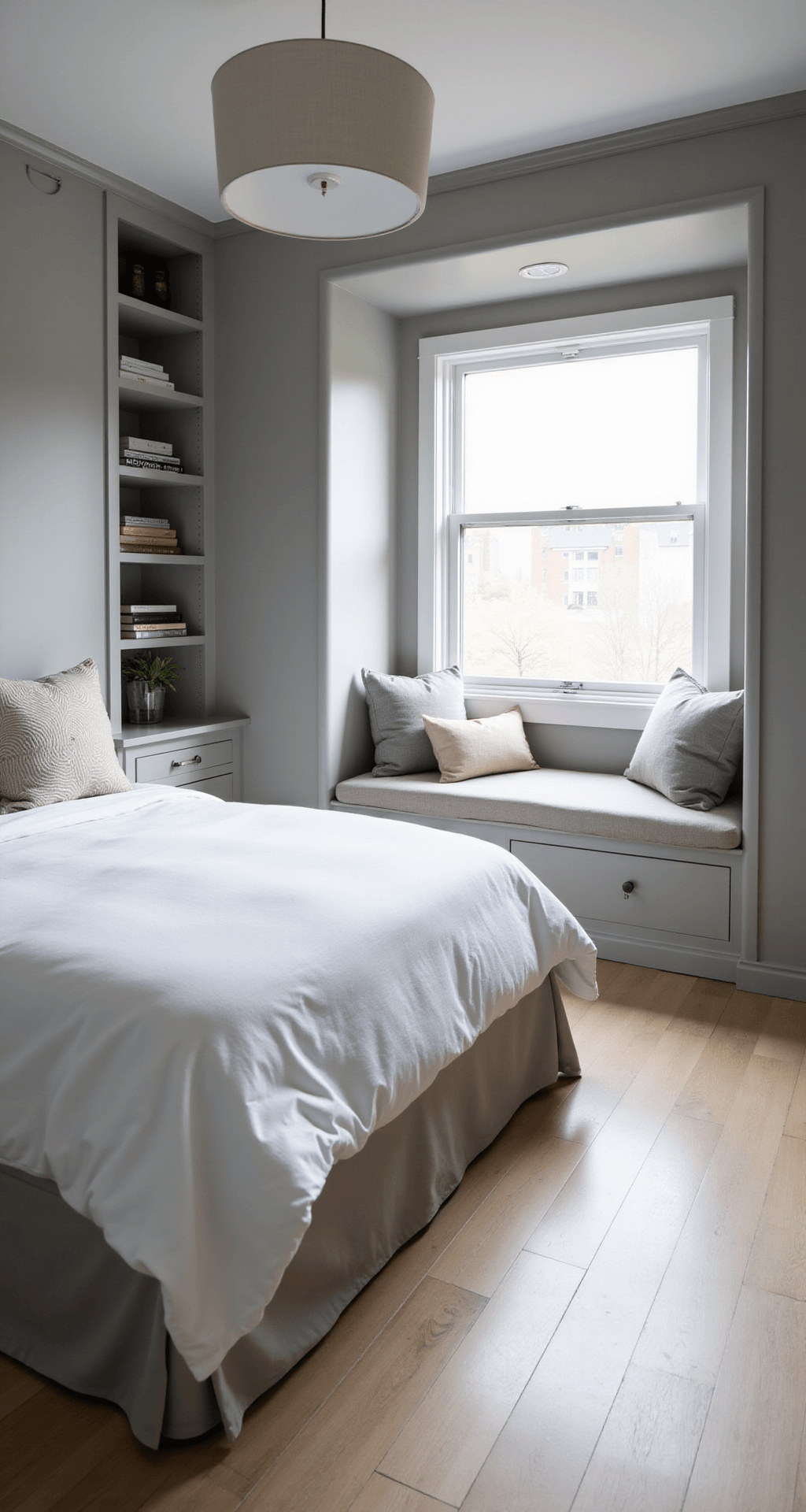 Minimalist bedroom flooded with morning light, featuring soft gray walls, a queen bed with white linens and geometric gray and ivory pillows, an architectural window seat with storage, built-in bookshelves, a Scandinavian pendant light, and pale oak flooring.