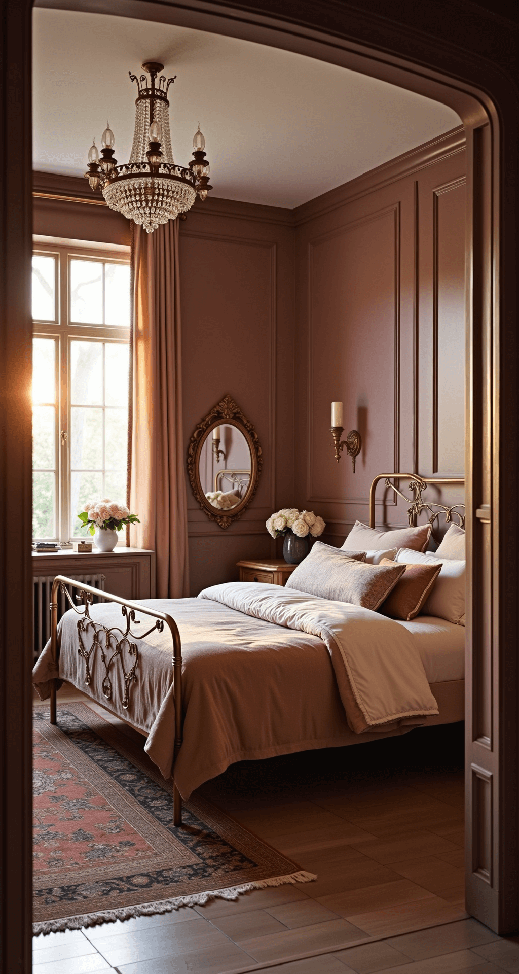 Cozy bedroom with muted mauve walls, antique brass bed, layered bedding in blush and cream, vintage Persian rug, and warm sunset glow visible through silk drapery.