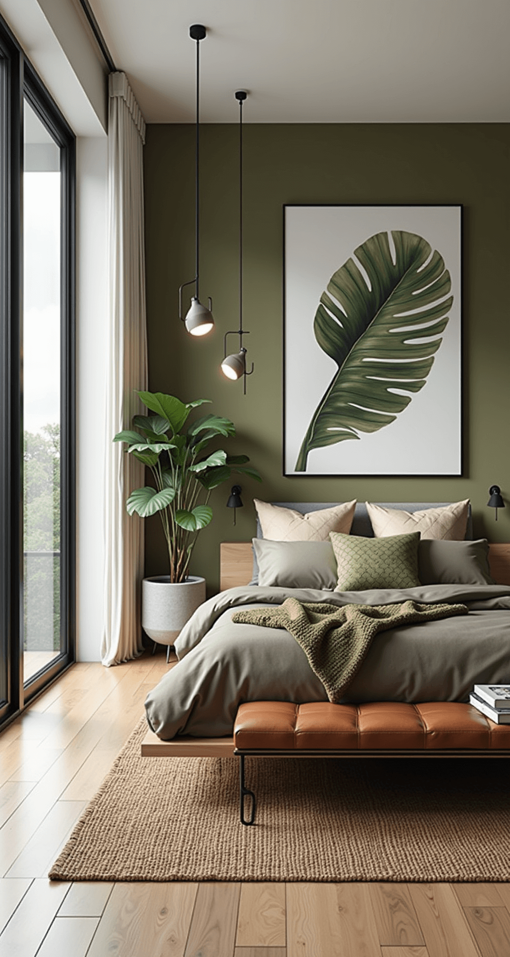 A contemporary mid-day bedroom with color-blocked olive green and warm white walls, featuring a platform bed in bleached oak, minimalist taupe and moss green bedding, and floor-to-ceiling windows. The room includes concrete pendant lights, black metal accents, large botanical art, a jute area rug, a leather bench, and a potted monstera, captured from standing height to highlight geometric elements.