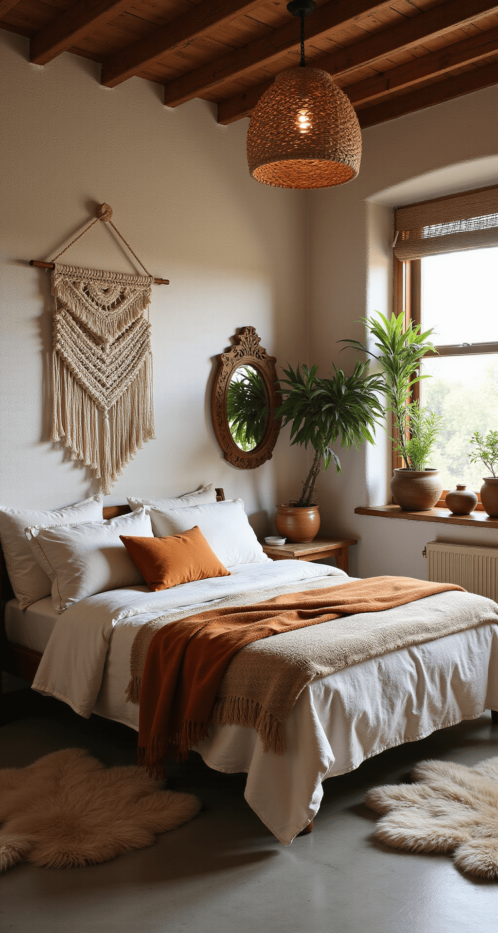 A cozy Bohemian bedroom with neutral textured walls, wooden beams, and a low profile bed adorned with vintage textiles in cream, rust, and ochre. The space features a macramé wall hanging, a rattan pendant light, a carved wooden mirror, and earthenware vessels, complemented by sheepskin rugs, hanging plants, and woven window shades, all captured from a low angle to emphasize the layered textures in the warm morning light.