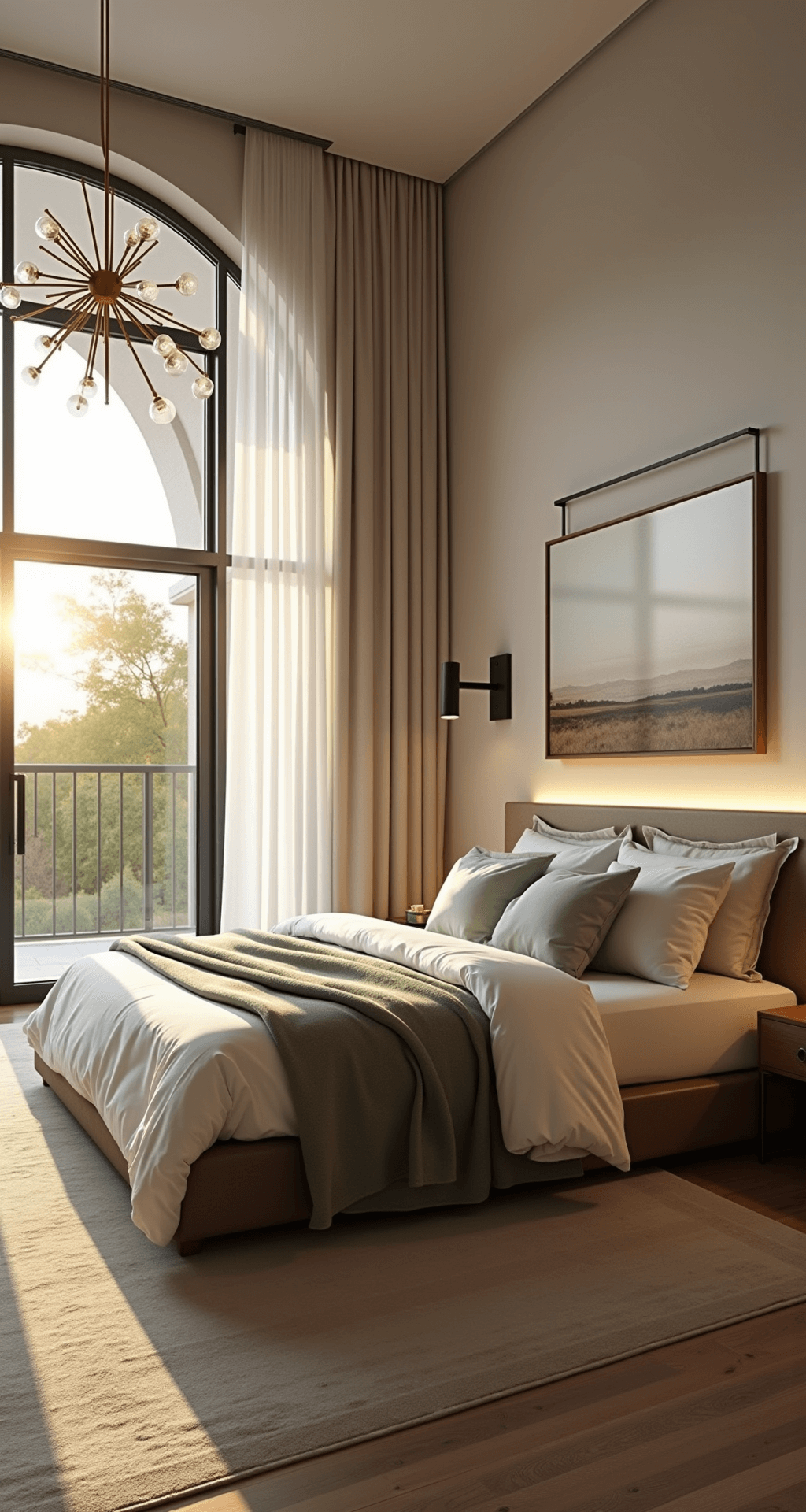 A spacious master bedroom featuring a king-sized bed with white and sage bedding, illuminated by sunlight streaming through sheer curtains. A modern brass chandelier hangs above, complemented by black wall sconces, natural oak flooring, and an arched window framing the sunset.