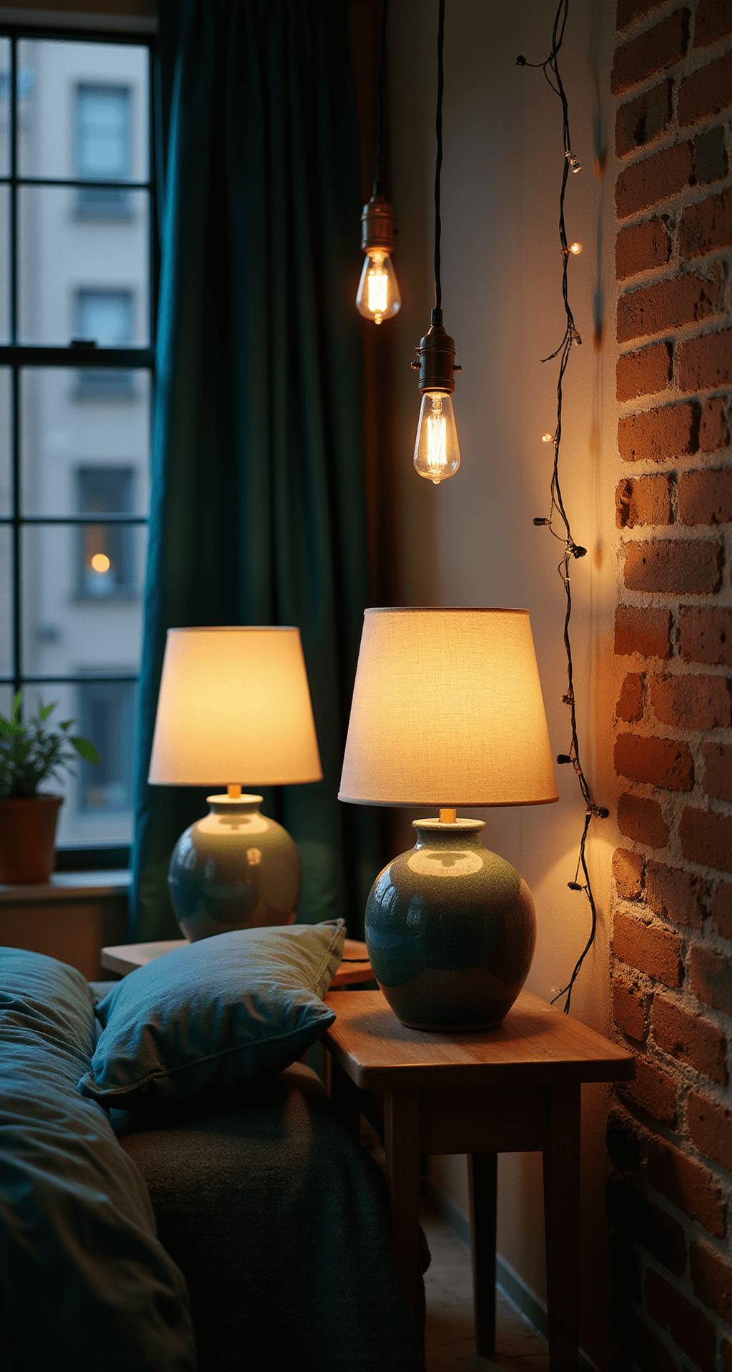 Intimate bedroom at dusk featuring handcrafted ceramic lamps with linen shades, warm lighting, vintage Edison bulb pendants in a reading nook, copper wire string lights on a brick wall, and rich jewel tones of emerald and sapphire.