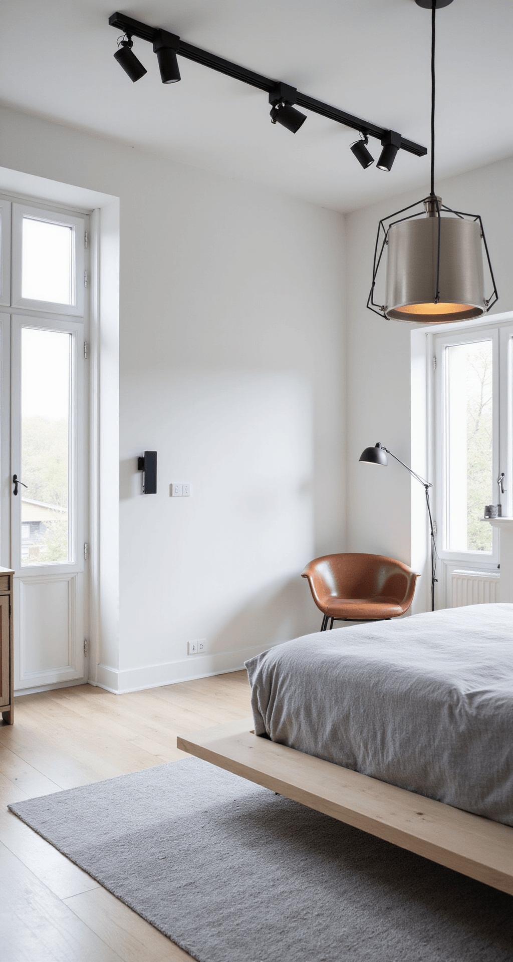 A minimalist Scandinavian bedroom featuring crisp white walls, a black ceiling-mounted track lighting system, and large floor-to-ceiling windows that allow natural light to fill the space. The room includes a geometric brushed nickel pendant light above a platform bed, with cool grays and whites complemented by pale wood accents.