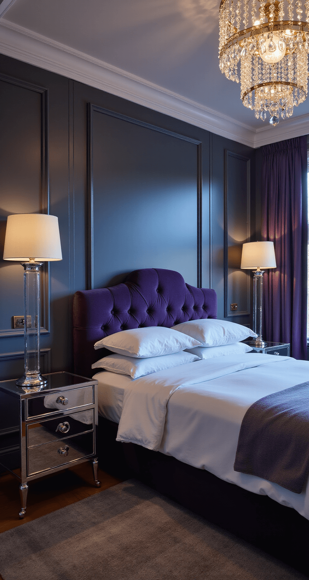 A sophisticated bedroom with velvet upholstery in deep purple, featuring a crystal chandelier and mirrored nightstands, illuminated by soft LED lighting and complemented by silk drapery.