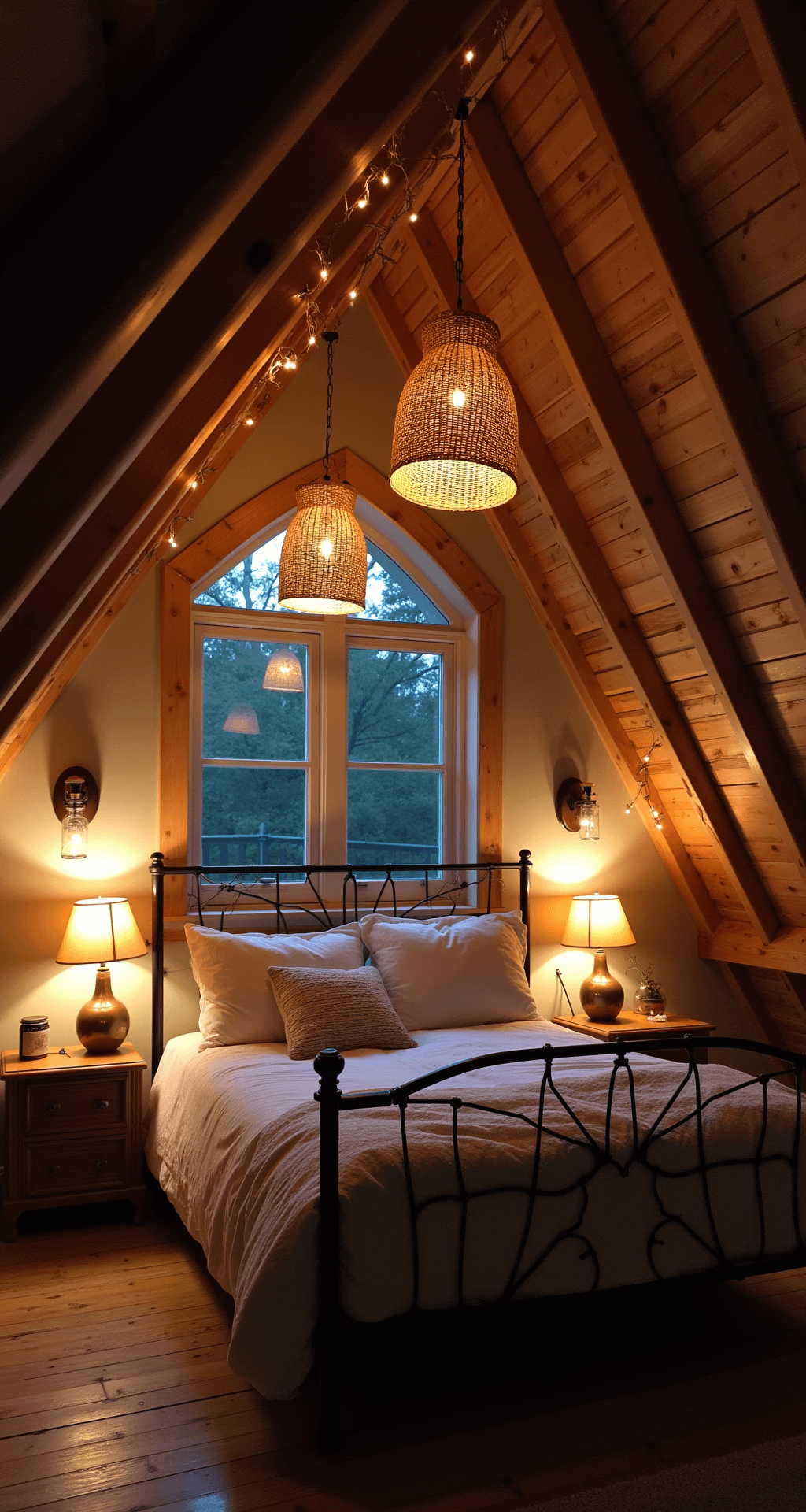 A cozy attic bedroom at twilight with a vintage iron bed, warm copper floor lamps, rattan pendant lights casting shadows on the sloped ceiling, mason jar sconces, and string lights weaving through wooden beams, all featuring earthy tones and natural textures.