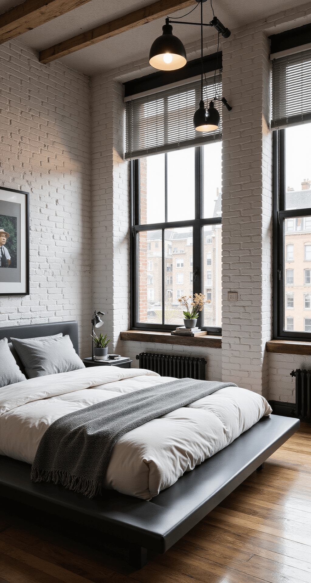 A contemporary loft bedroom featuring industrial black metal pendant lights, white brick walls, a floating platform bed with smart LED strips, adjustable spotlights on artwork, and floor-to-ceiling windows with automated blinds.