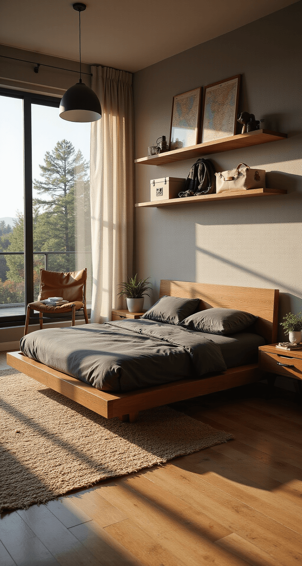 A sunlit modern bedroom featuring a low-profile platform bed with charcoal gray linens against a warm greige wall, minimalist wooden furniture with vintage maps, and adventure gear on floating shelves. The room has a jute rug over hardwood floors, a globe pendant light casting shadows, a leather accent chair, and canvas storage bins, all in earth tones and forest green.