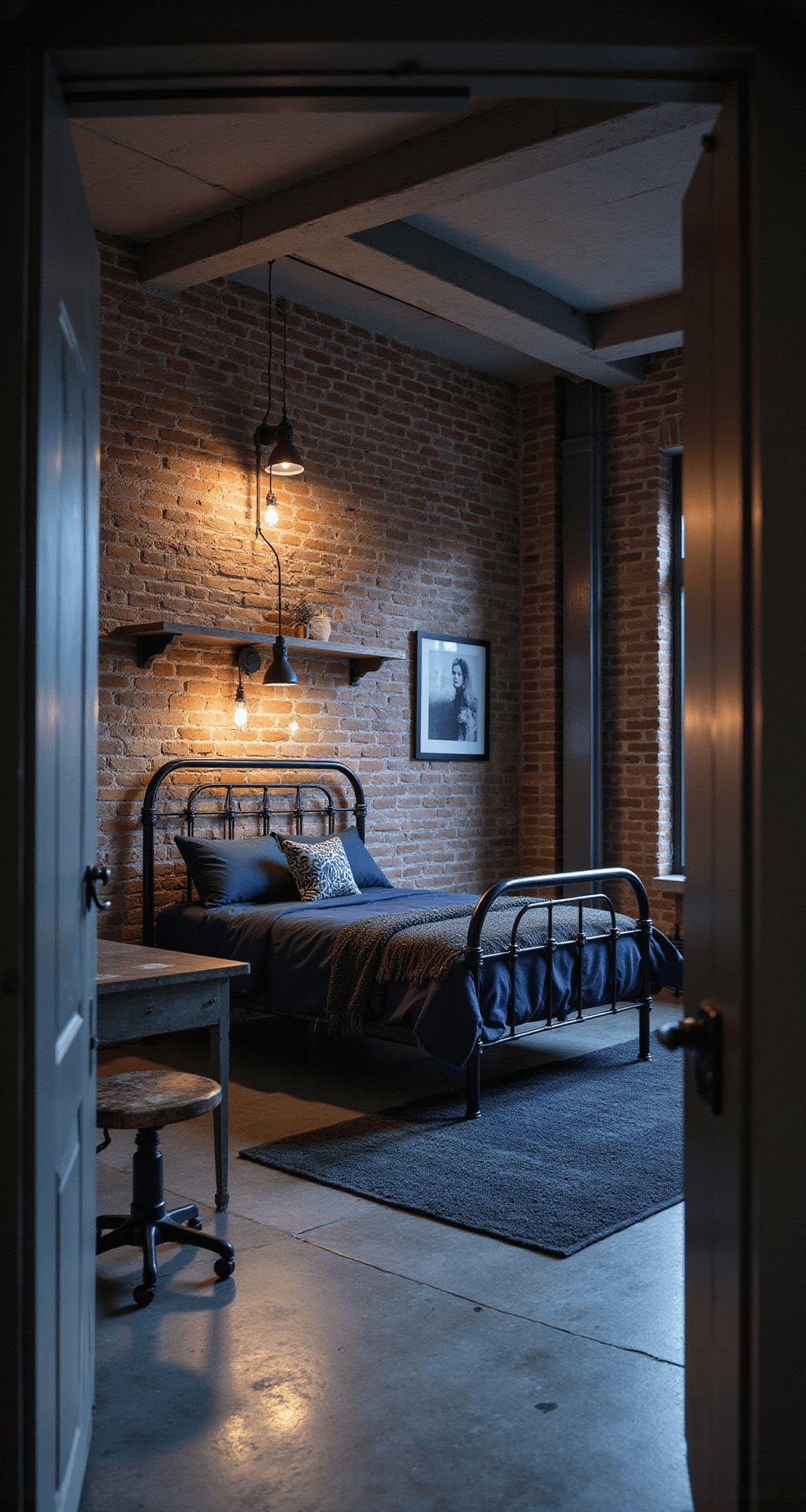 Moody loft-style bedroom featuring an exposed brick wall, black metal bed frame with navy bedding, and factory-style pendant lights. A distressed metal desk with a vintage drafting chair complements the concrete-look flooring and charcoal area rug. Shot from the doorway with dramatic uplighting, showcasing raw steel shelving with urban art against a palette of grays, deep navy, and oxidized metal tones.