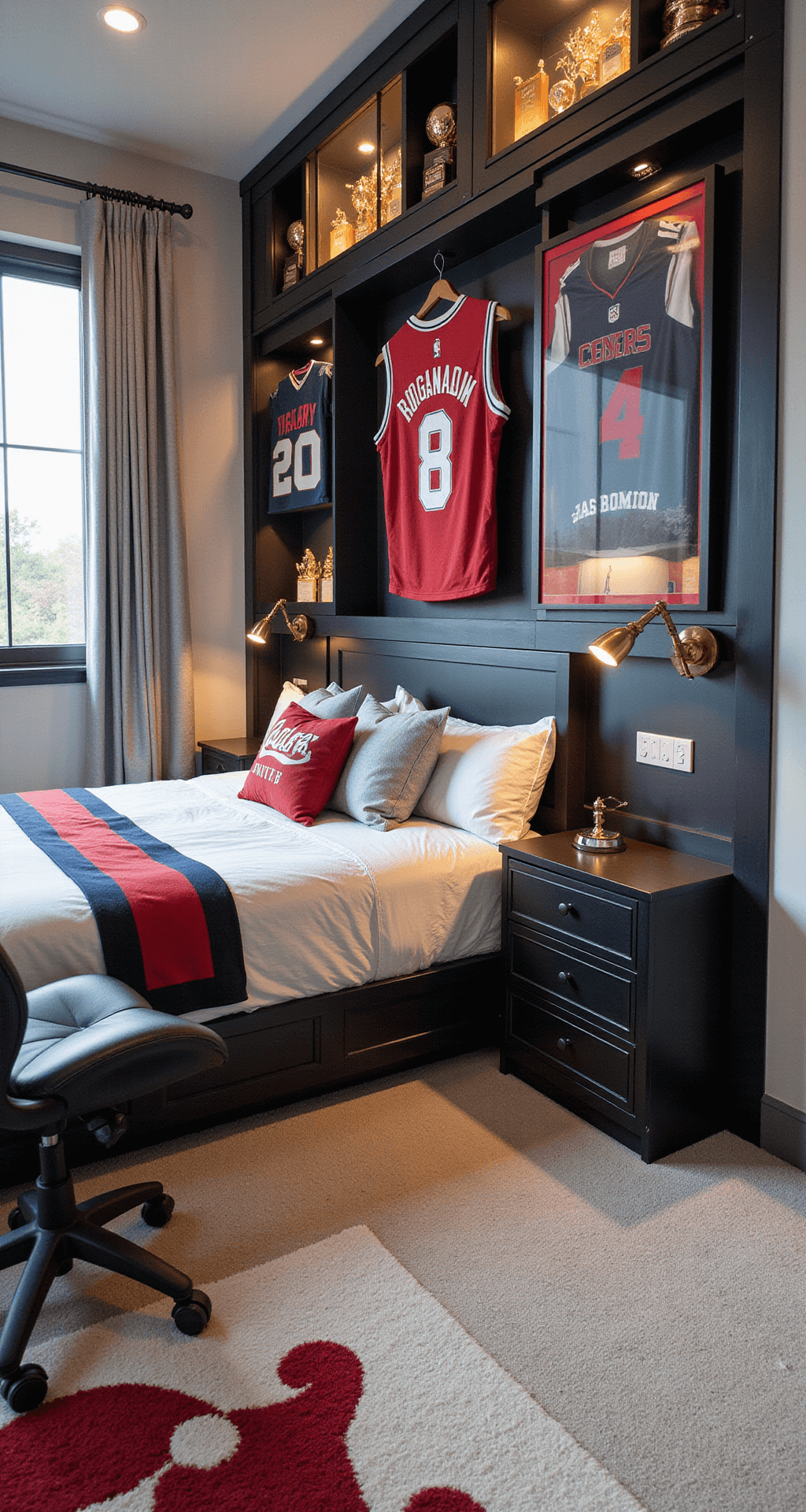 A bright corner room showcasing sports memorabilia, including framed jerseys and trophies in custom display cases, a queen bed with coordinated bedding, and mounted sports equipment as decor, all bathed in morning light.