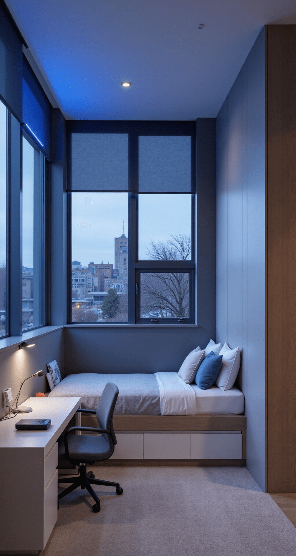 A contemporary teen bedroom featuring smart tech amenities, including LED ambient lighting, a built-in desk with charging station, and motorized blackout blinds on floor-to-ceiling windows. The room showcases a modern platform bed with hidden storage and touch-activated bedside lighting, wireless charging furniture, and smart speaker zones, all in a color palette of white, silver, and electric blue accents.
