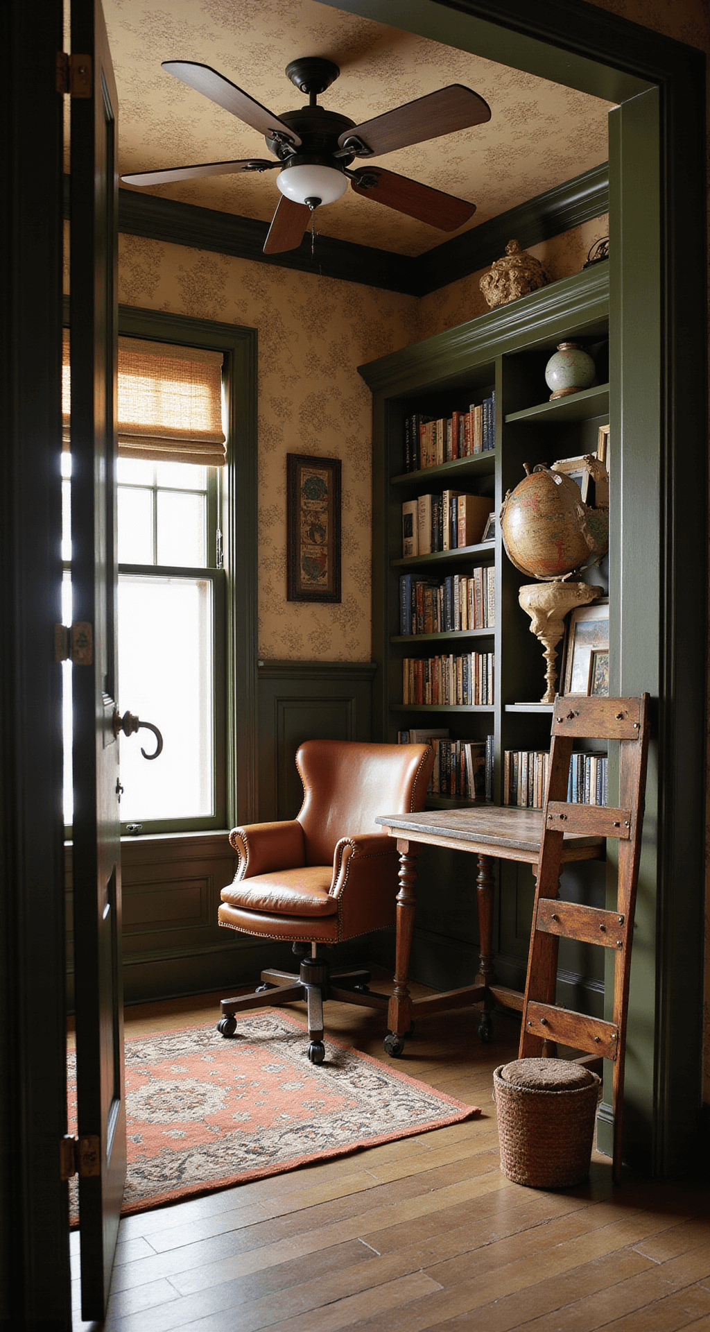 A cozy scholar's den featuring a vintage leather reading chair, a floor-to-ceiling bookshelf with a rolling ladder, and a weathered wood desk against a map-themed accent wall, illuminated by soft afternoon light. An aviation-inspired ceiling fan casts shadows in the room, while a globe collection and exploration-themed art enhance the adventurous atmosphere. The color palette includes rich browns, aged brass, and deep green.