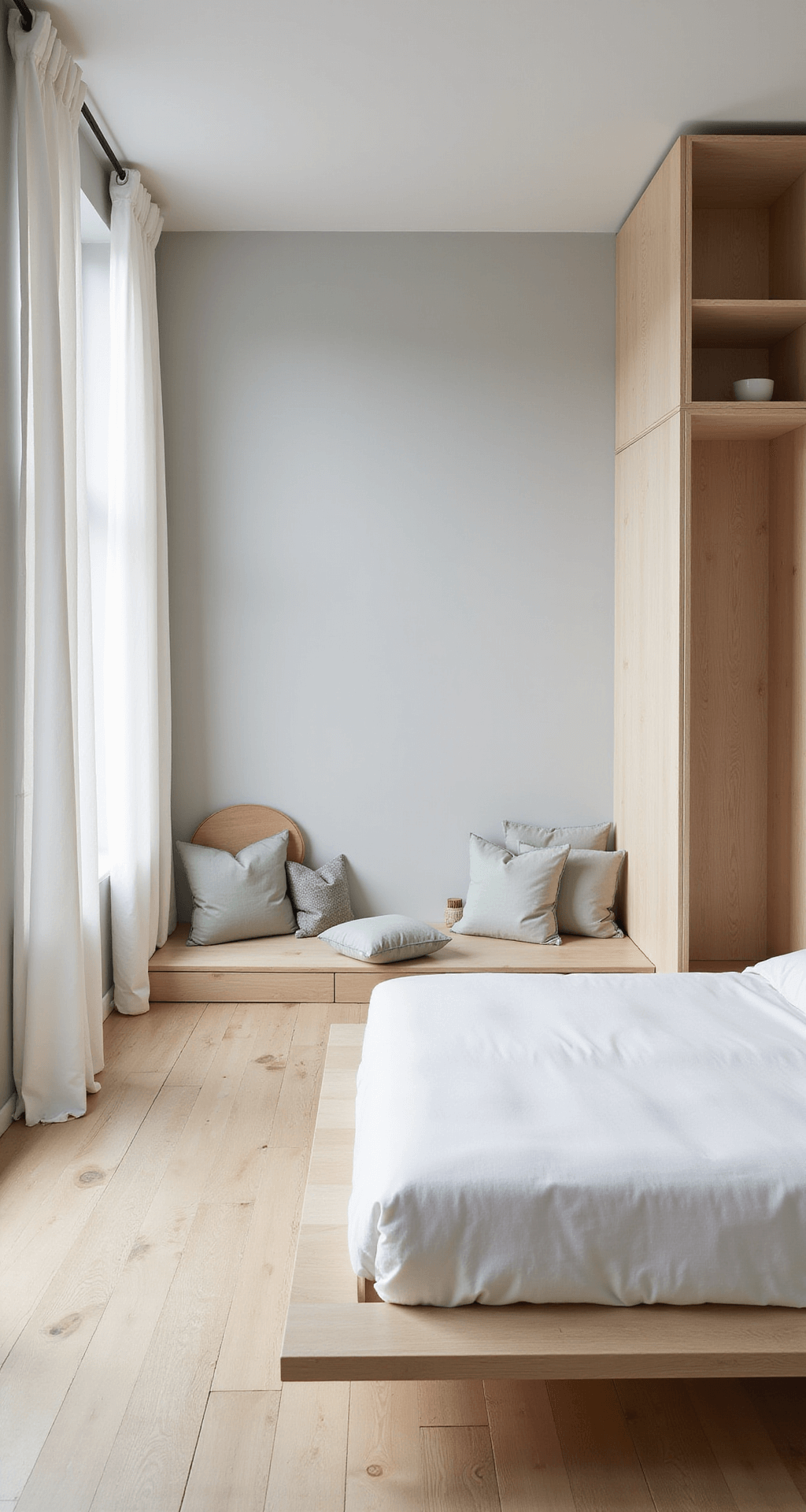 A minimalist 14x14ft teen retreat with a floating platform bed in crisp white linens, light gray walls, and geometric blonde wood storage. Natural light floods in through floor-to-ceiling windows with sheer white curtains, showcasing a meditation corner with floor cushions and acoustic panels. The overall palette features warm whites, light wood, and subtle sage accents, emphasizing symmetry in the design.