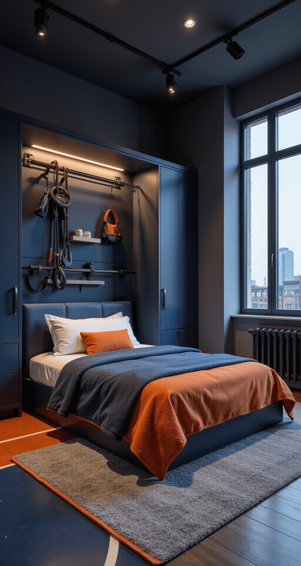A dynamic 15x13ft athletic urban oasis featuring a basketball-court-inspired flooring design, custom midnight blue gym lockers, a queen bed with a performance fabric headboard, and wall-mounted equipment storage with integrated lighting, all captured in dramatic evening lighting with cool grays, midnight blue, and energetic orange accents.