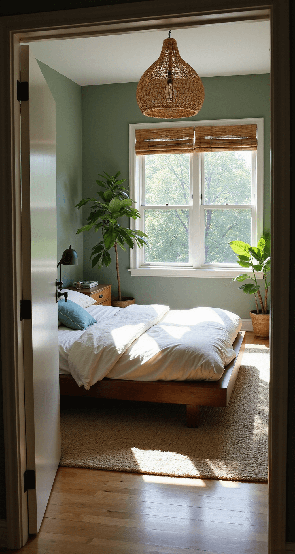 A serene bedroom featuring sage green walls, a walnut platform bed with ivory linen, and morning sunlight streaming through floor-to-ceiling windows, highlighted by a natural rattan pendant light and complemented by a chunky wool area rug and potted fiddle leaf figs.