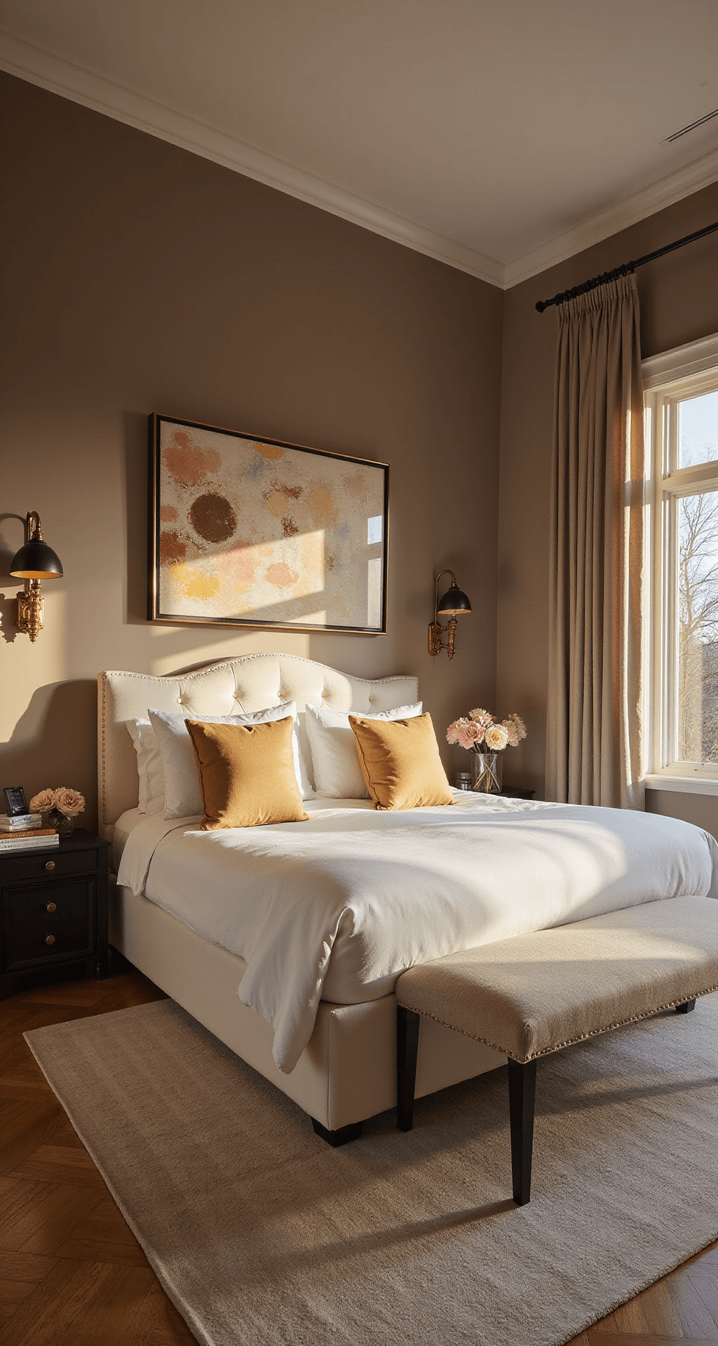 An elegant primary bedroom featuring warm taupe walls, a tufted cream velvet headboard, and a king bed with hotel-white linens, accented by antiqued brass sconces and oversized abstract artwork, with silk drapery on herringbone hardwood floors, illuminated by warm artificial lighting and sunset glow.