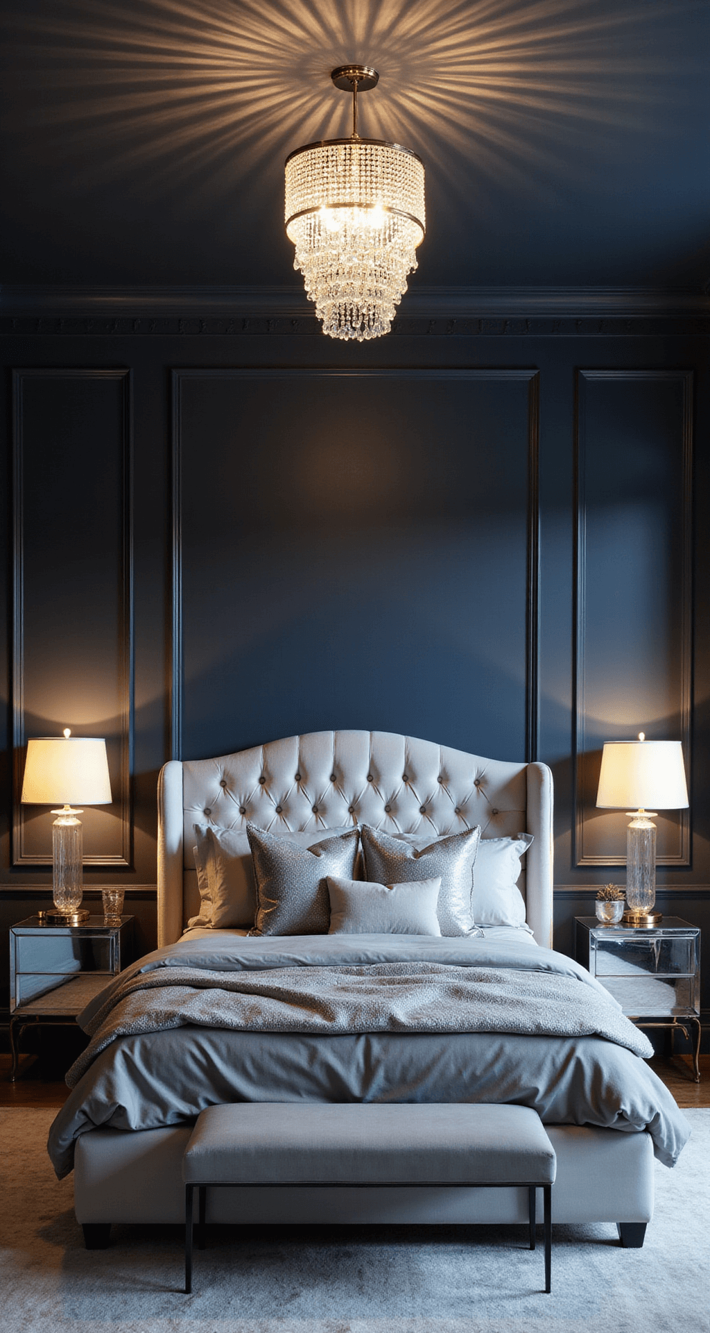 A dramatic master suite at dusk featuring deep navy walls, a crystal chandelier casting prismatic light, a pearl grey velvet wingback bed with silvery textiles, mirrored nightstands, and ambient lighting from mercury glass lamps, captured from a low angle.
