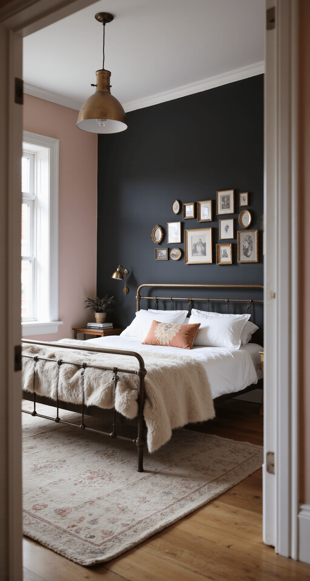 A cozy 10x12ft bedroom with blush walls and a charcoal accent wall, featuring a brass canopy bed adorned with Mongolian fur throws, a vintage overdyed rug, and an elegant gallery wall of clustered gold frames, illuminated by soft afternoon light.