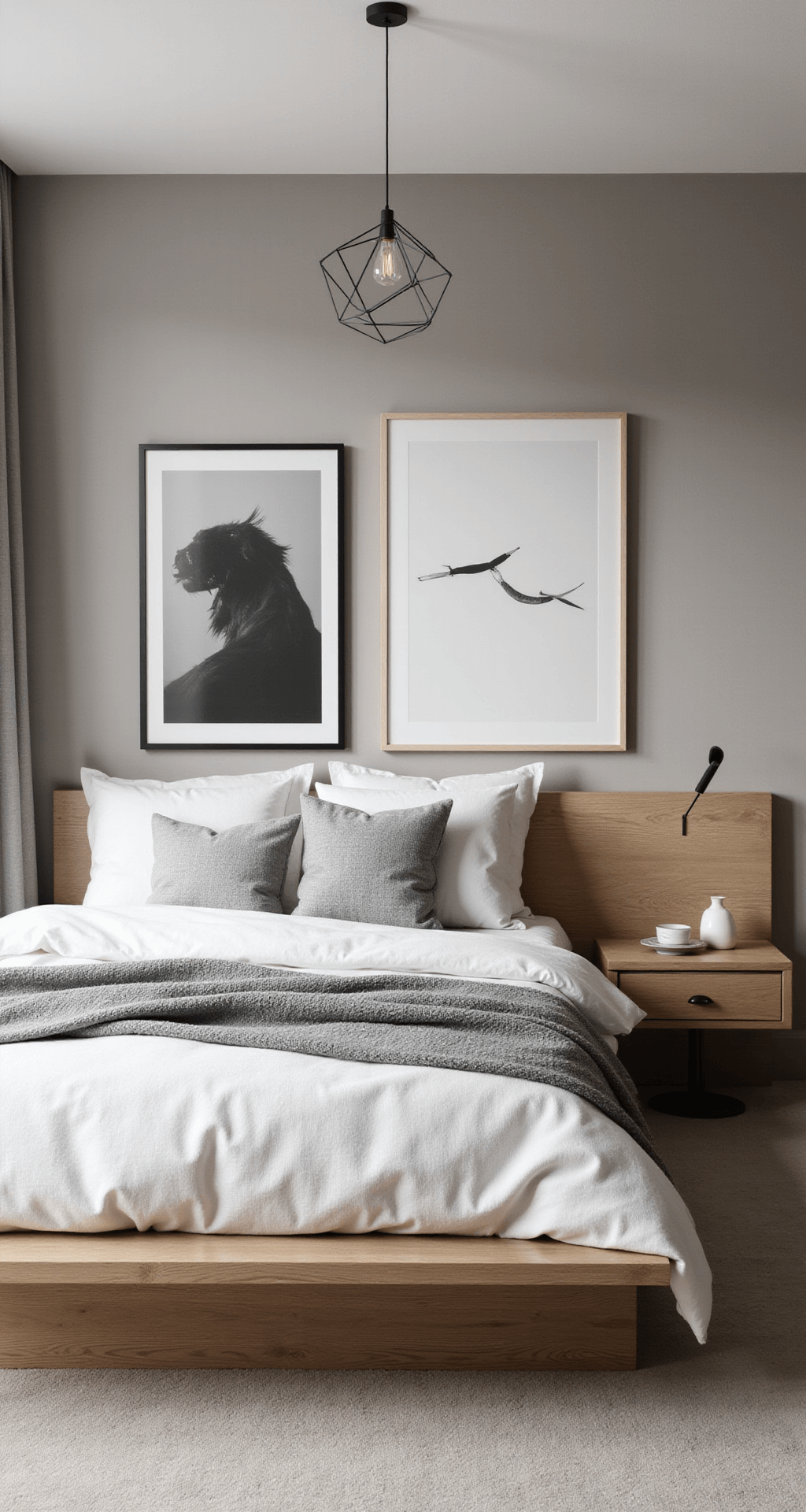 A minimalist bedroom with greige walls, a natural oak platform bed, white bedding, and grey cashmere throws, featuring a geometric pendant light and large black and white photography, captured from a high angle in natural light.