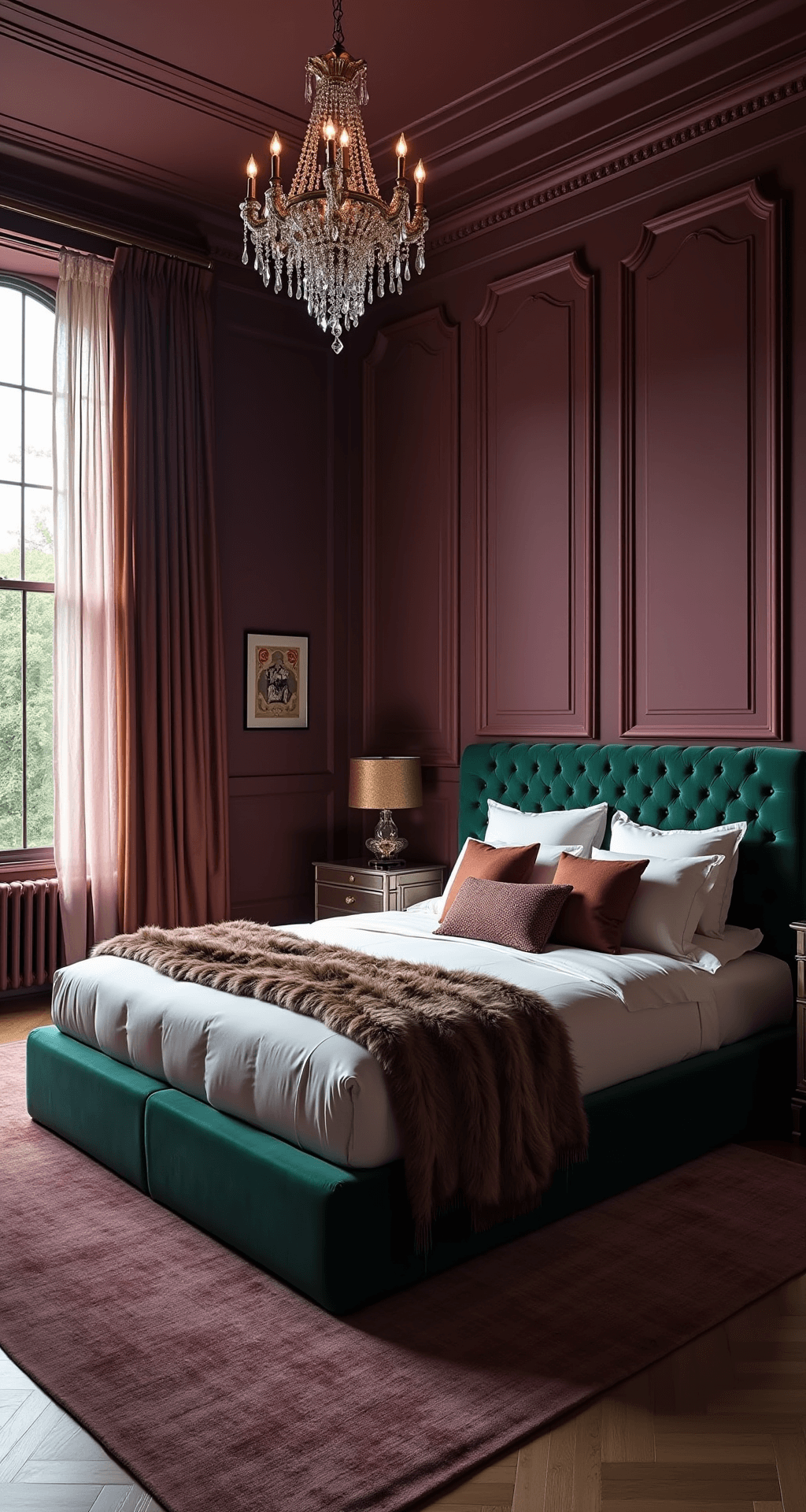 An opulent primary bedroom at twilight, featuring rich plum walls, an emerald velvet bed, and a sparkling crystal chandelier, complemented by silk drapery and luxurious throws.