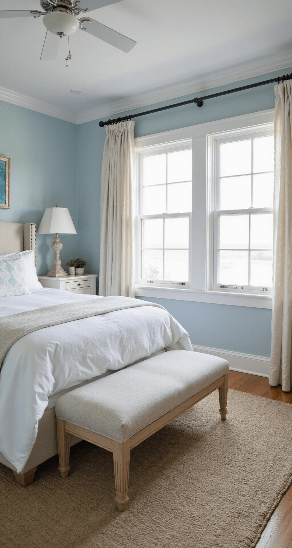 A serene bedroom at dawn features pale powder blue walls and cloud-white trim, with a linen upholstered bed adorned in soft whites and creams. Gauzy curtains gently diffuse morning light, while coastal artwork and a natural fiber rug enhance the beach house ambiance. The image is taken at eye level, showcasing the ethereal light streaming through the windows.