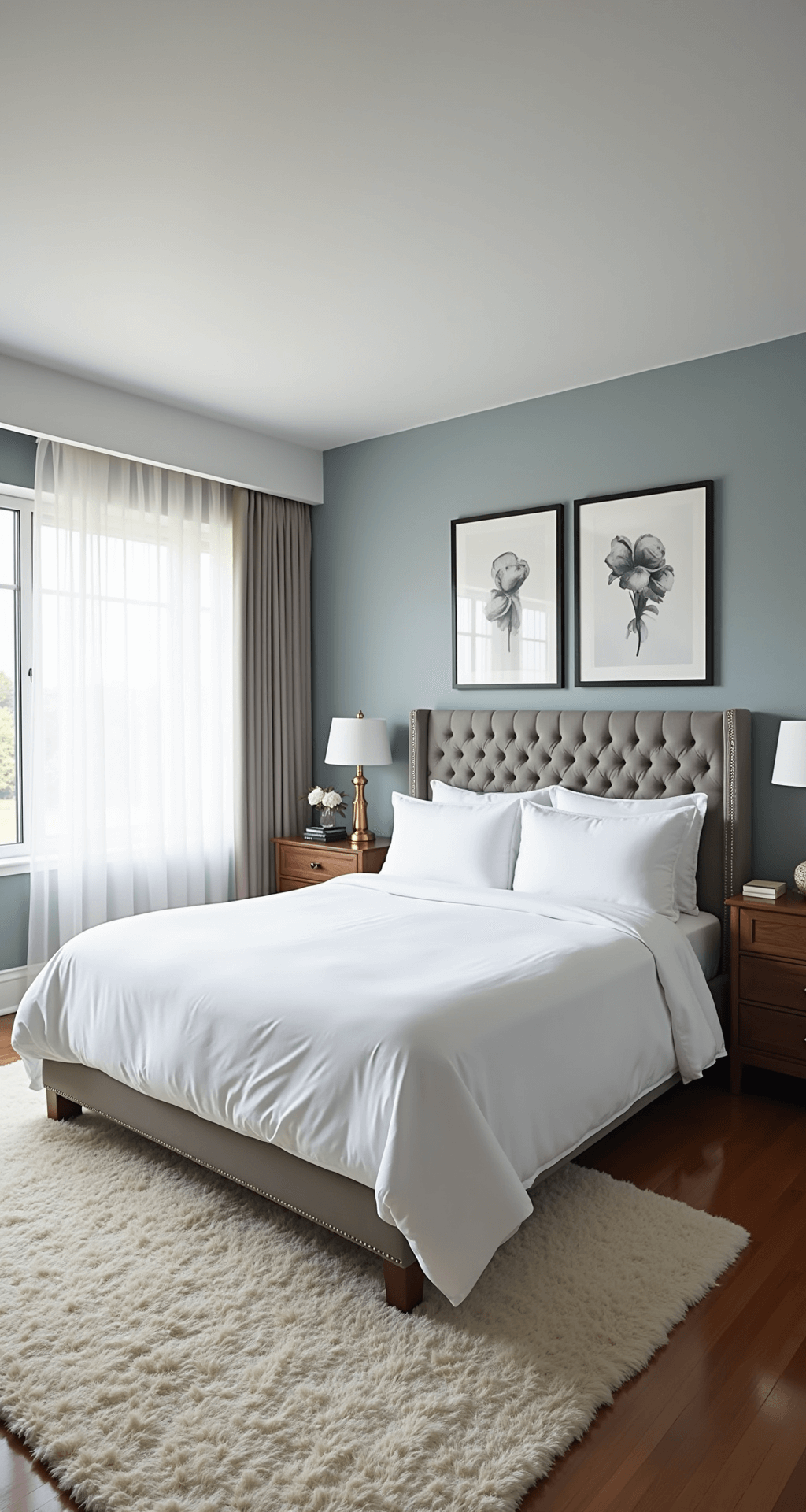 A luxurious guest retreat featuring a queen-sized bed with hotel-white linens, tufted gray headboard, and brass sconces, illuminated by morning sunlight through sheer curtains in a bright, transformed spare bedroom with blue-gray walls and black and white photography.