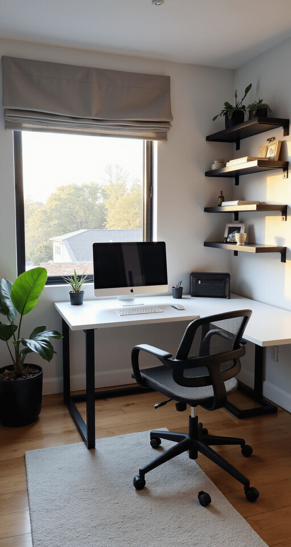 Modern home office in a 10x12ft room with golden hour light, featuring an L-shaped white desk, sleek monitor, ergonomic black mesh chair, and floating matte black shelves. A fiddle leaf fig plant and geometric artwork add personal touches, captured from an elevated angle.