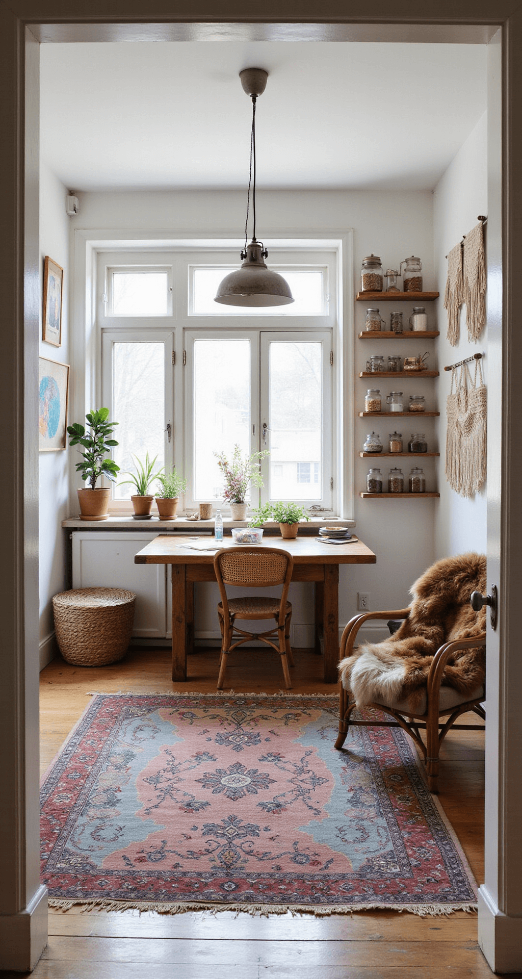 Bohemian studio with rustic wood worktable, vintage pendant lights, a gallery wall of art, and a rattan chair, featuring soft midday light and artistic decor.